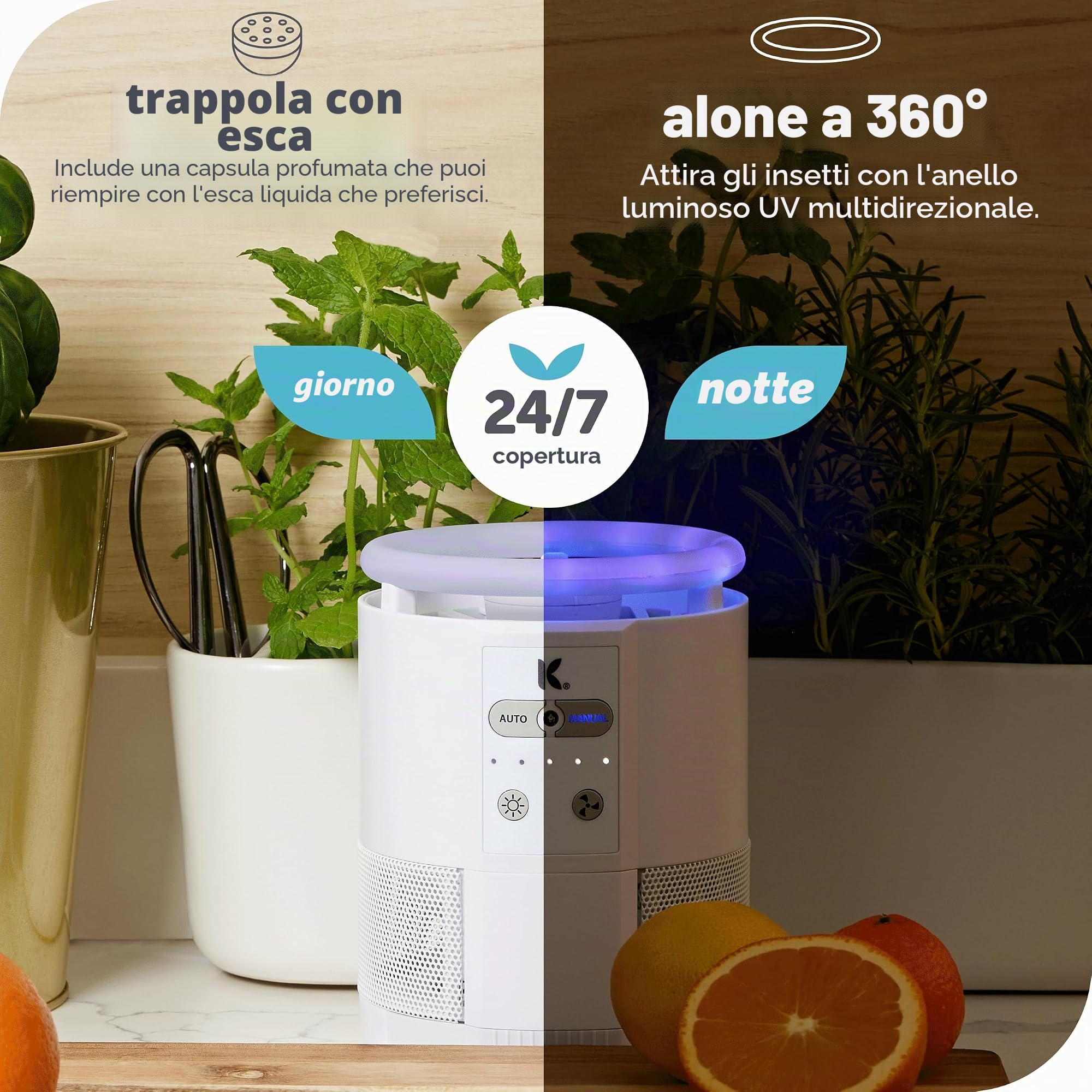 Katchy Duo – Trappola per mosche da interni con capsula profumata, efficace giorno e notte, per zanzare, moscerini della frutta, moscerini e piccole tarme – Trappola anti-insetti con luce UV e ventosa