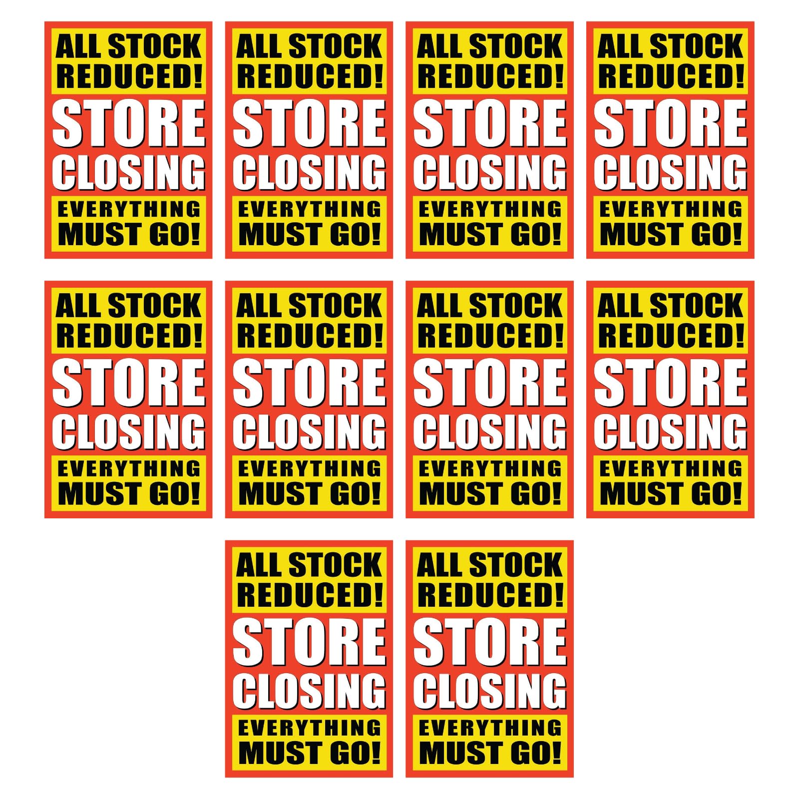 A1 Sale Posters Pack | Eye-Catching Store Display Signs for Retail | Clearance, Discounts, Special Offers, Huge Savings | Bright Colors (10, All Stock Reduced Store Closing Everything Must Go)