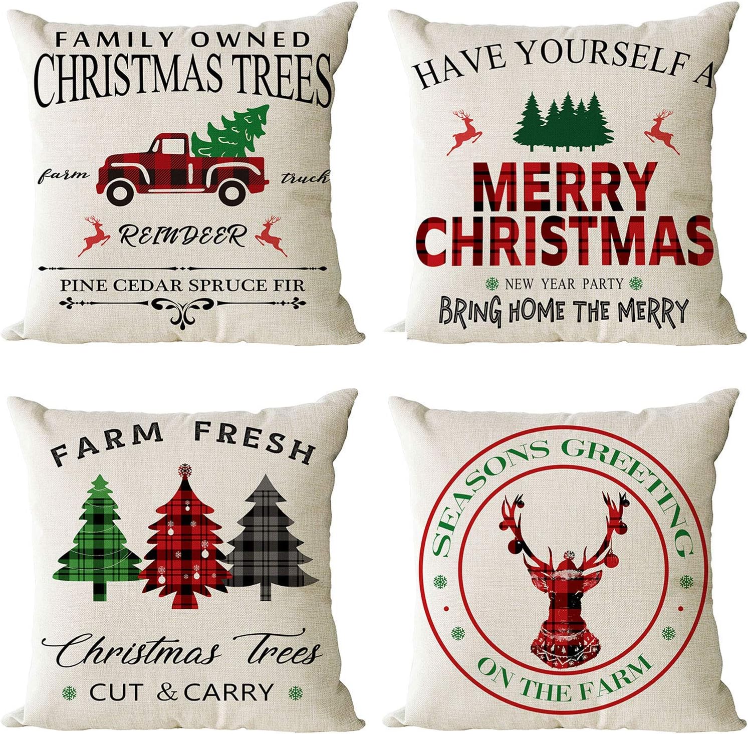 Christmas Decorative Throw Pillow Covers 16x16 Inch Set Of 4 Christmas Holiday Xmas Square Cotton Linen Cushion Covers Christmas Trees Red Truck Deer Outdoor Couch Sofa Home Pillow Cases