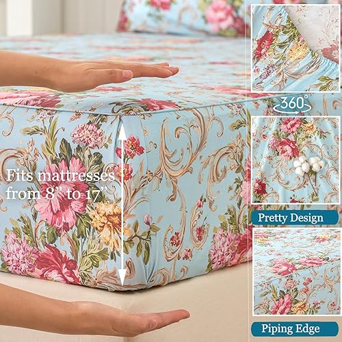 Miniatura 3 de Zusbest Juego de sábanas de tamaño Queen, sábans de cama azul y rojo floral 100% algodón, ropa de cama de lujo premium transpirable para durmientes