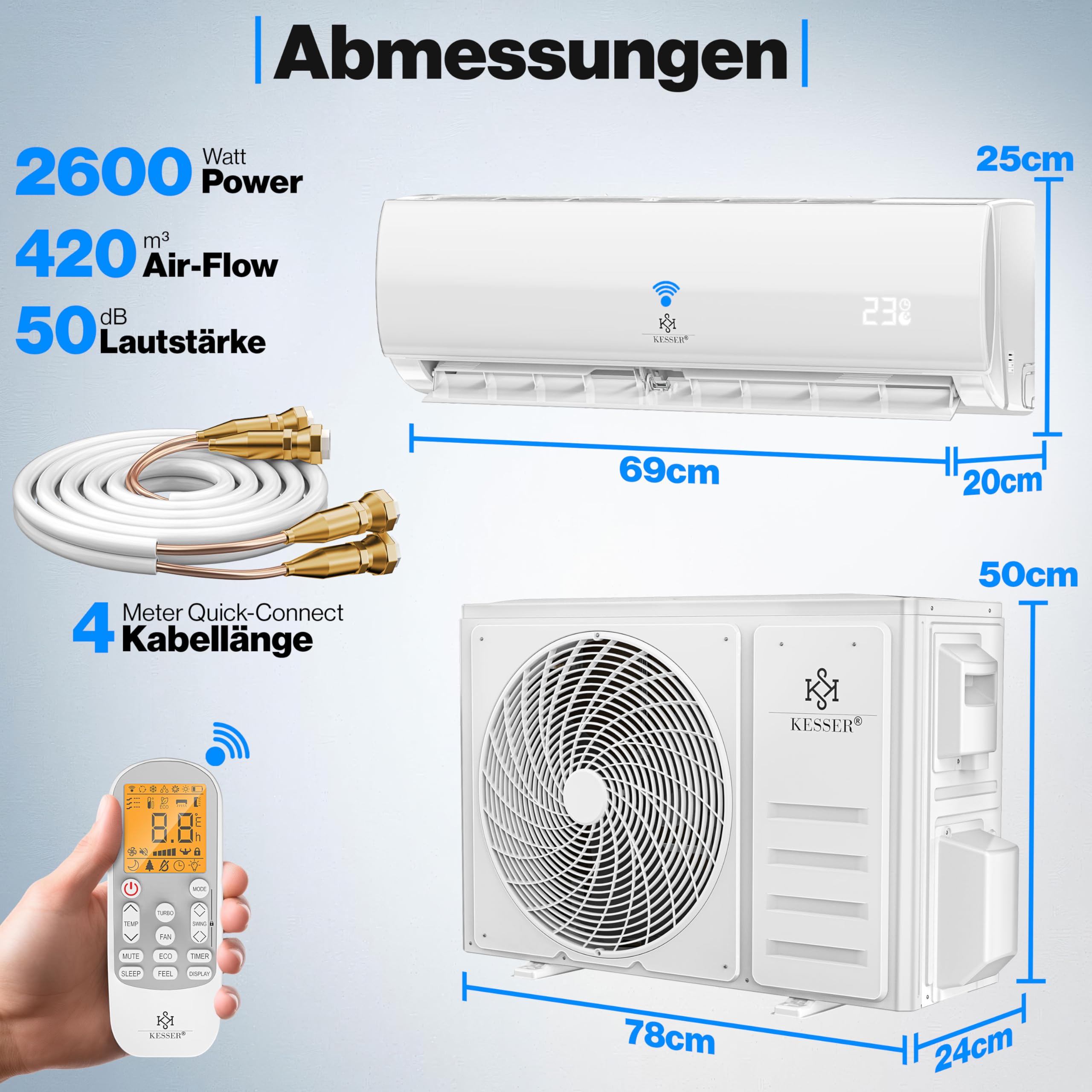KESSER Split Klimaanlage Set Quick Connect 9000 BTU 2,6 kW WiFi Klimagerät mit Heizfunktion & Kühlmodus R32