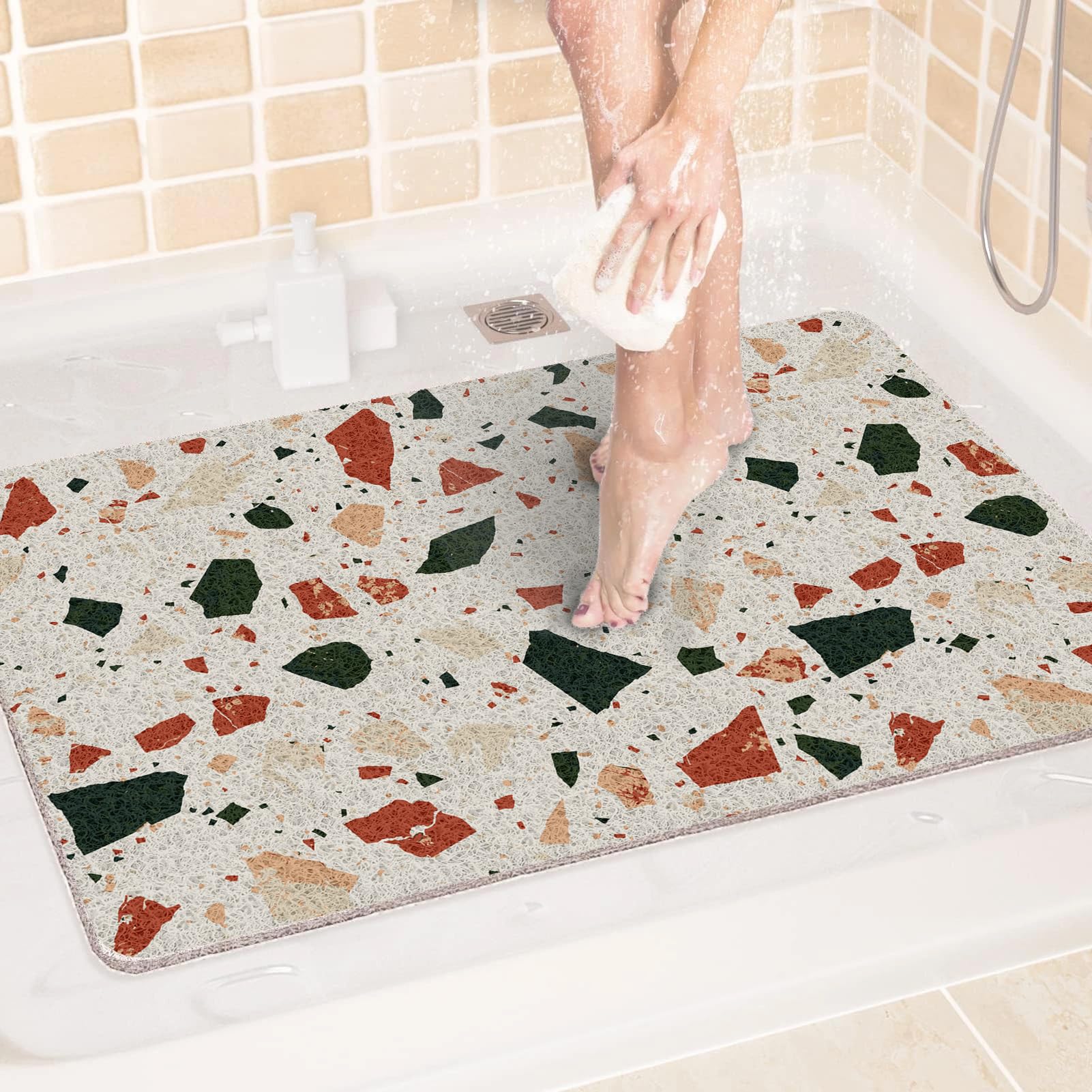Tappetini in luffa per doccia, 80 x 80 cm, antiscivolo, morbido, testurizzato, con scarico, ad asciugatura rapida, morbidi e confortevoli, per aree umide (rosso, verde, beige)