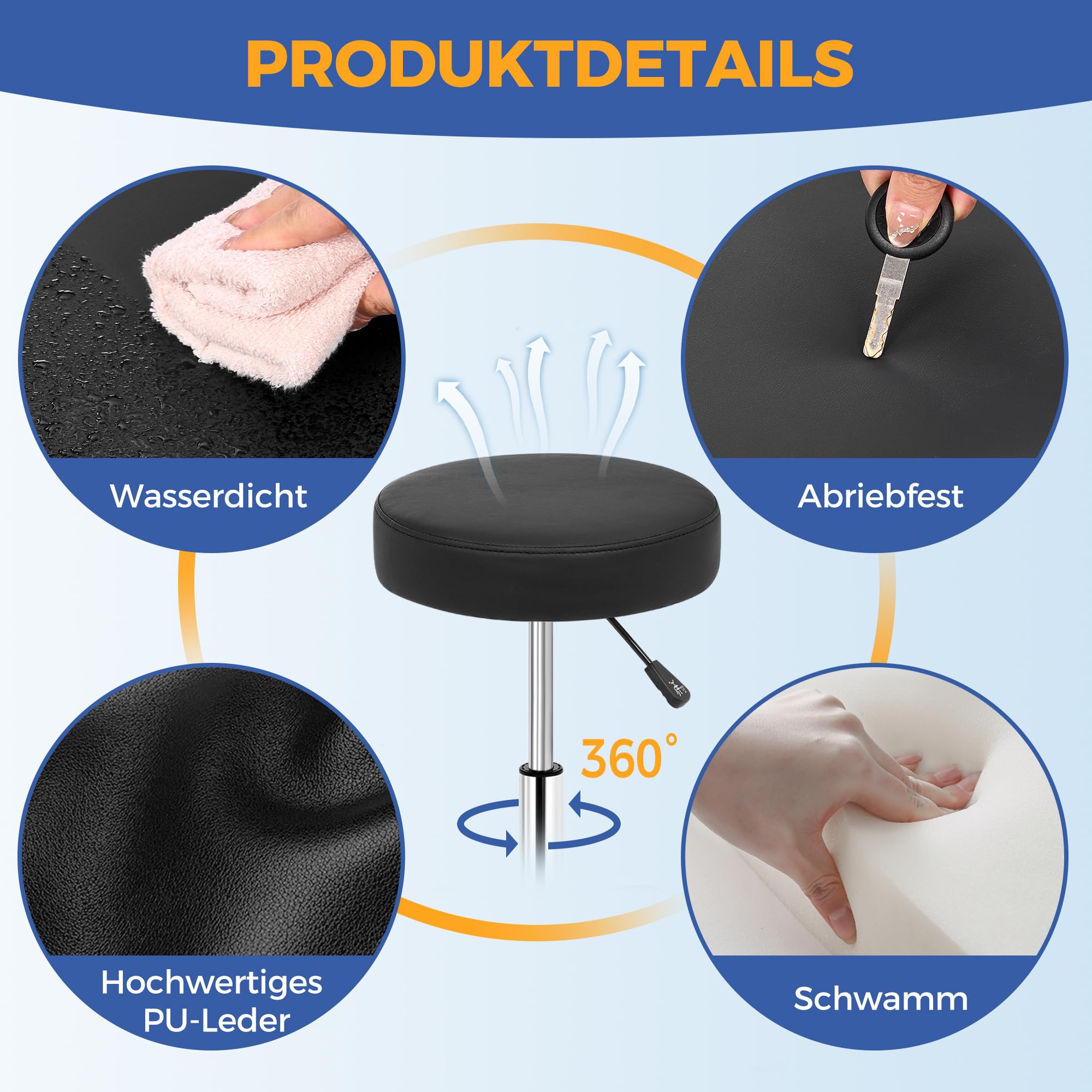 ANWBROAD Rollhocker höhenverstellbar mit Rollen 360° Drehhocker Hocker, Arbeitshocker bis 205 kg belastbar PU-Sitzpolsterung für Salon Spa, Haushalt und Kliniken Schwarz WSC001B