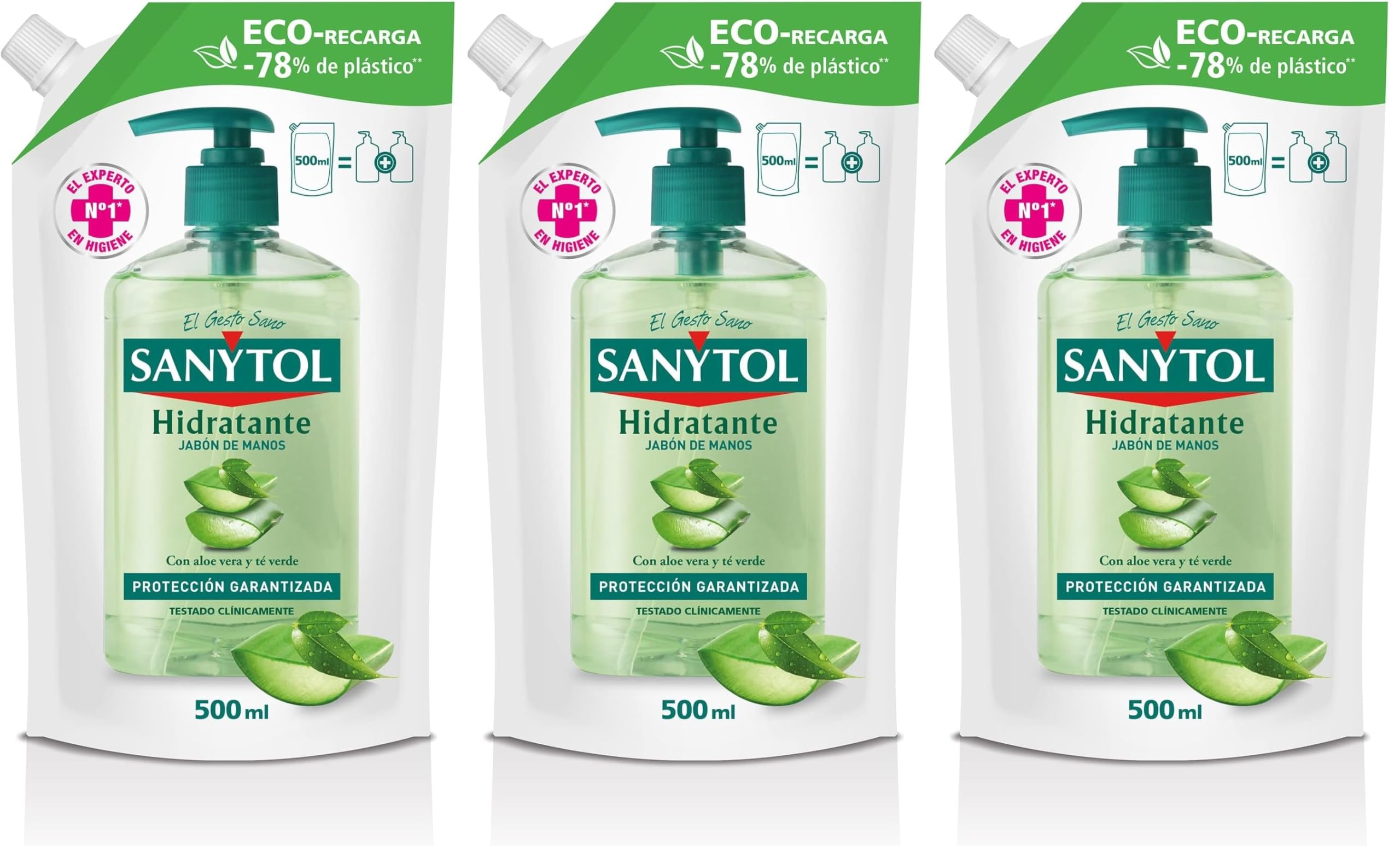 Sanytol - Eco-Recarga Jabón de Manos Hidratante, Protege, Limpia e Hidrata, con Aloe Vera y Té Verde - 500 ml (Paquete de 3)