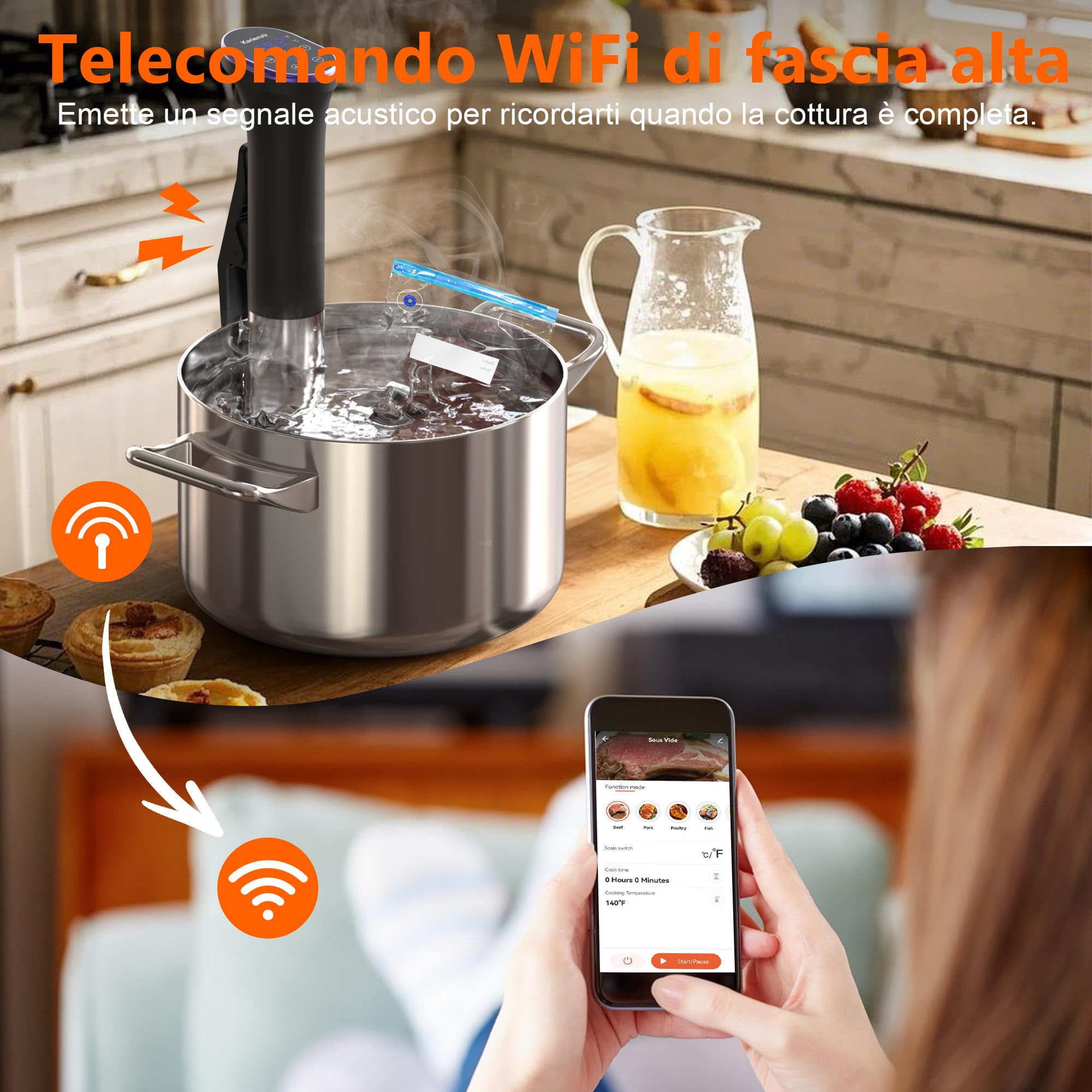 WiFi Sous Vide Roner 1100W, Wi-Fi Roner Cucina a Bassa Temperatura con Controllo APP e Controllo Accurato Della Temperatura, LED Display, Impermeabilità IPX7, 10℃-90℃