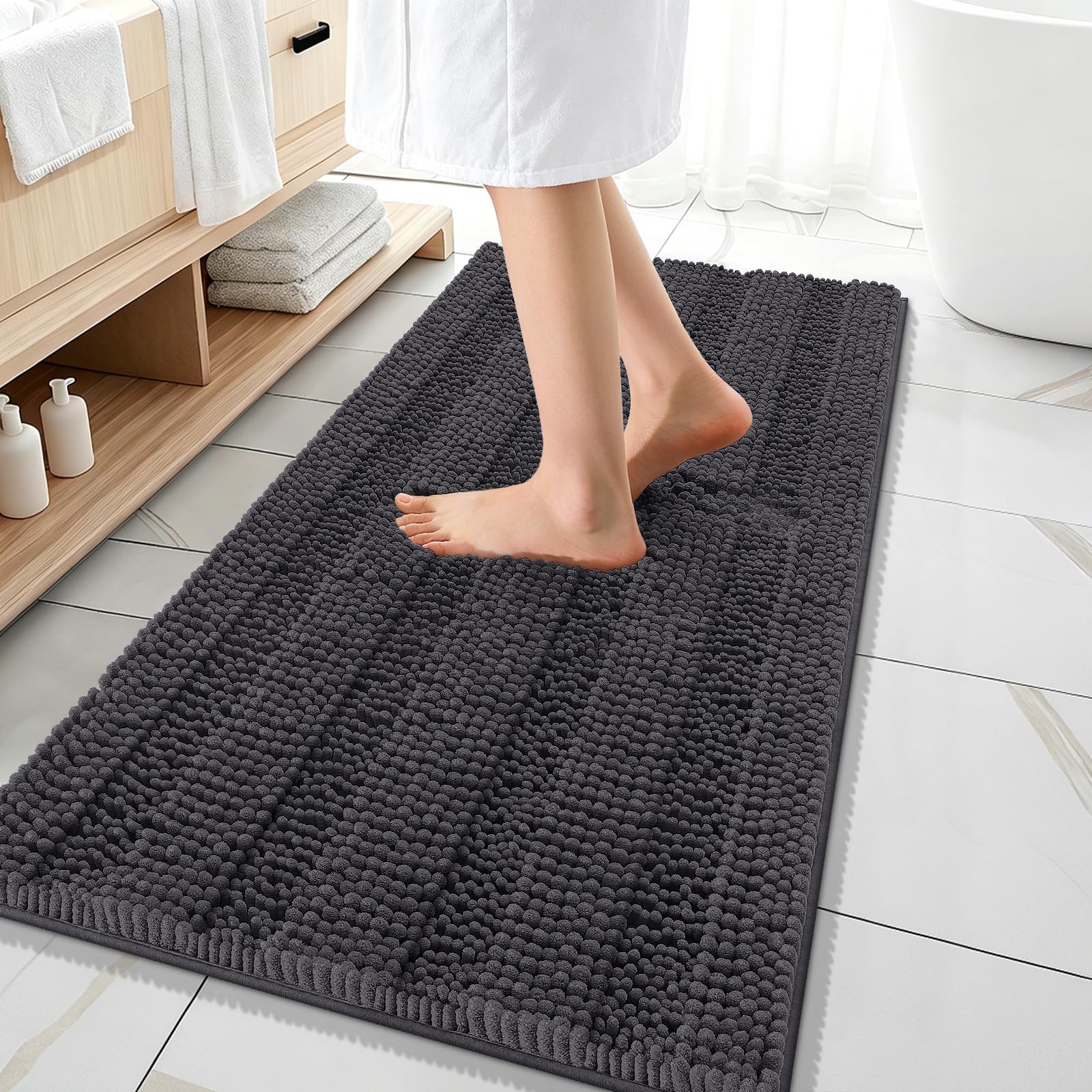OLANLY Thick Bathroom Runner Rugs 47x20, Soft Chenille Bath Rugs, Dark Grey