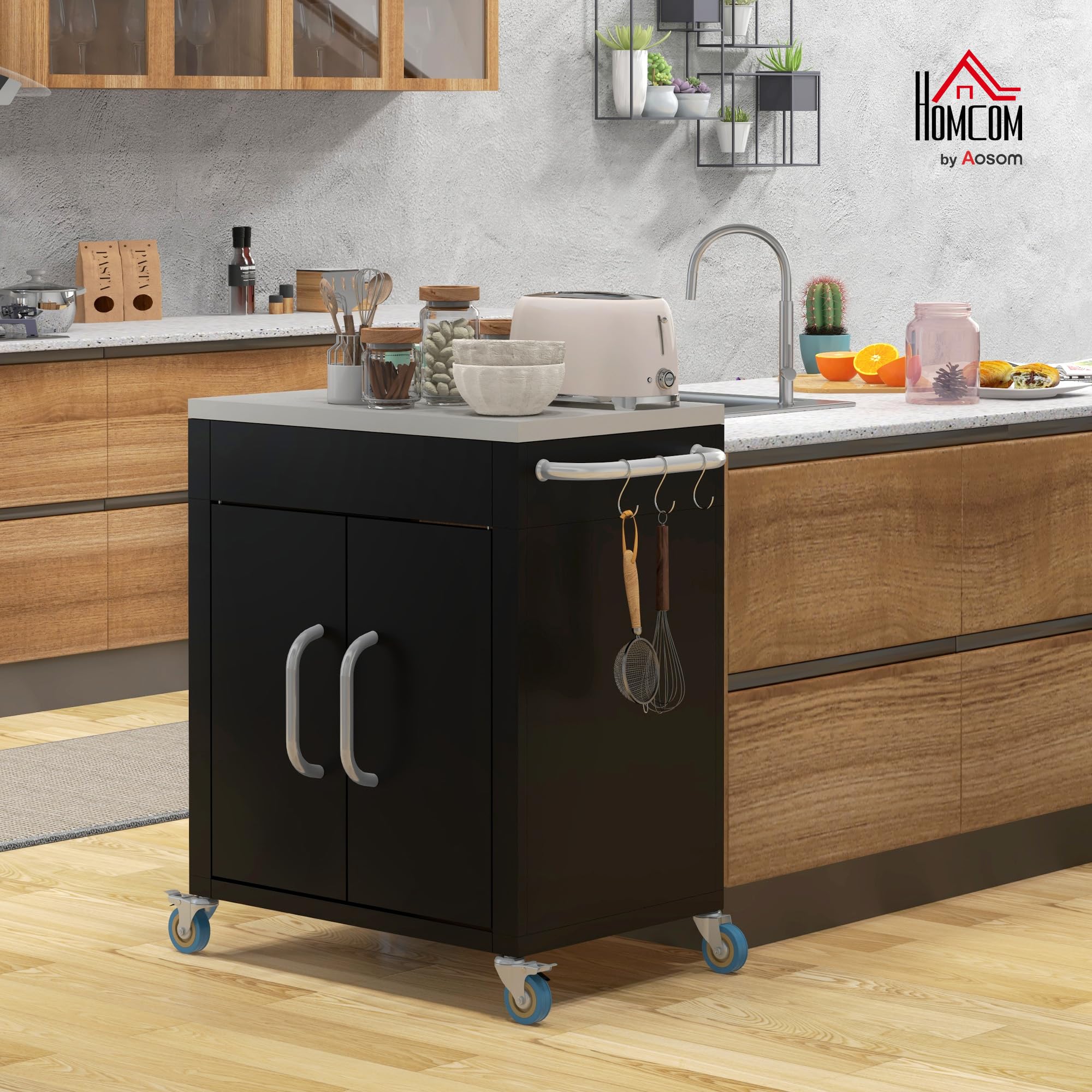 HOMCOM Carrello Barbecue con Piano in Acciaio Inox Tavolo da Cucina da Esterno con Ruote, Maniglia, 6 Ganci, Armadietto Contenitore 86x50x86.5 cm Nero