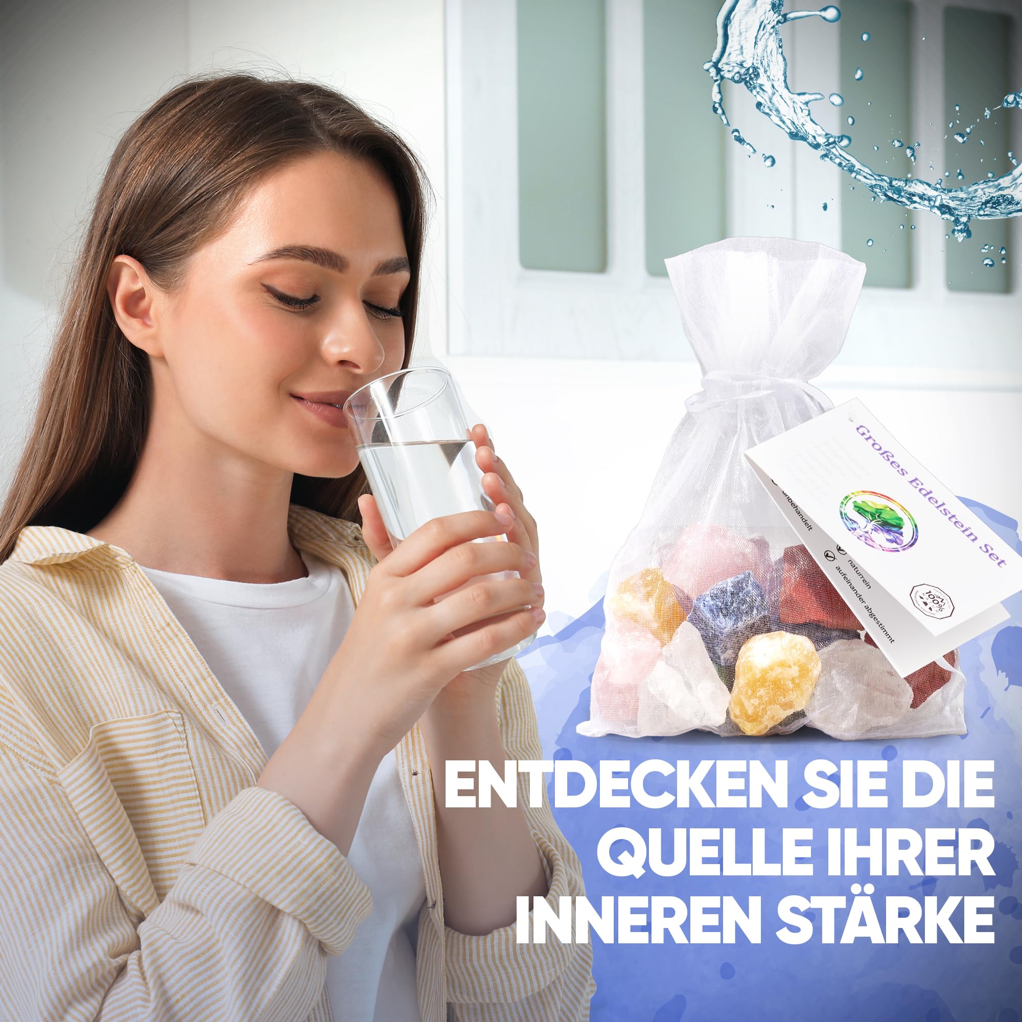 PURAJA Große Wasserstein Mischung | Premium Natursteine | Heilsteine Set mit den 7 beliebtesten Natursteinen | 300g Edelsteine für Trinkwasser | Wassersteine zur Wasseraufbereitung