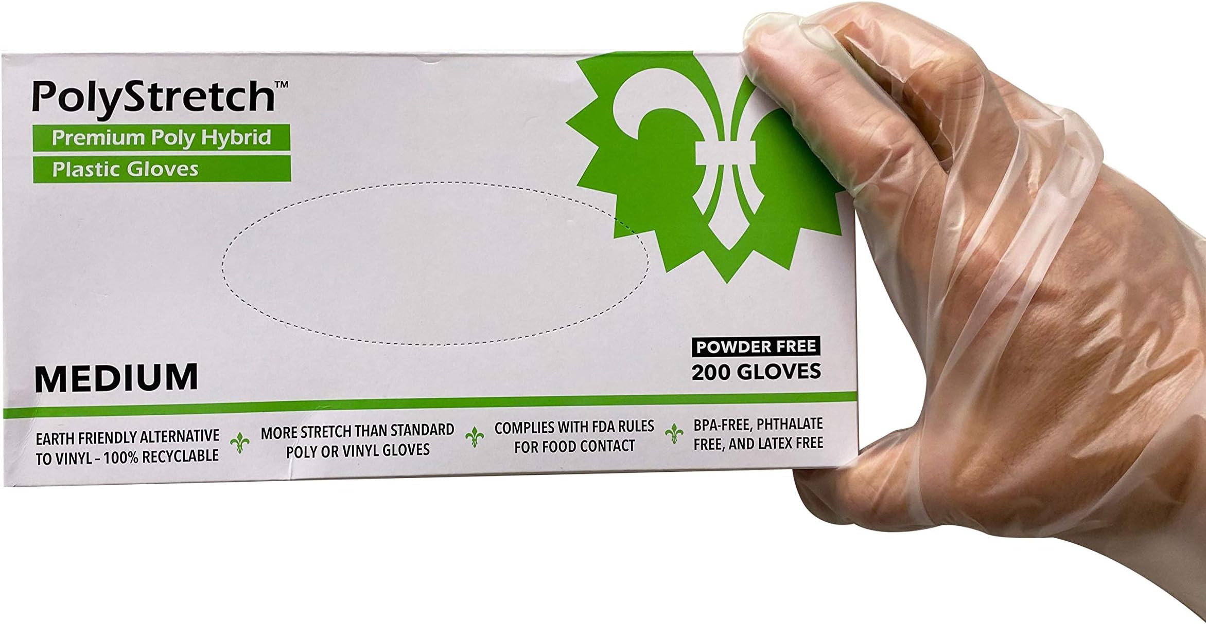 KingSeal PolyStretch TPE Poly Hybrid Disposable Gloves, Powder-Free, Vinyl Glove Substitute, Size Medium - 1 Box of 200 Gloves By Weight