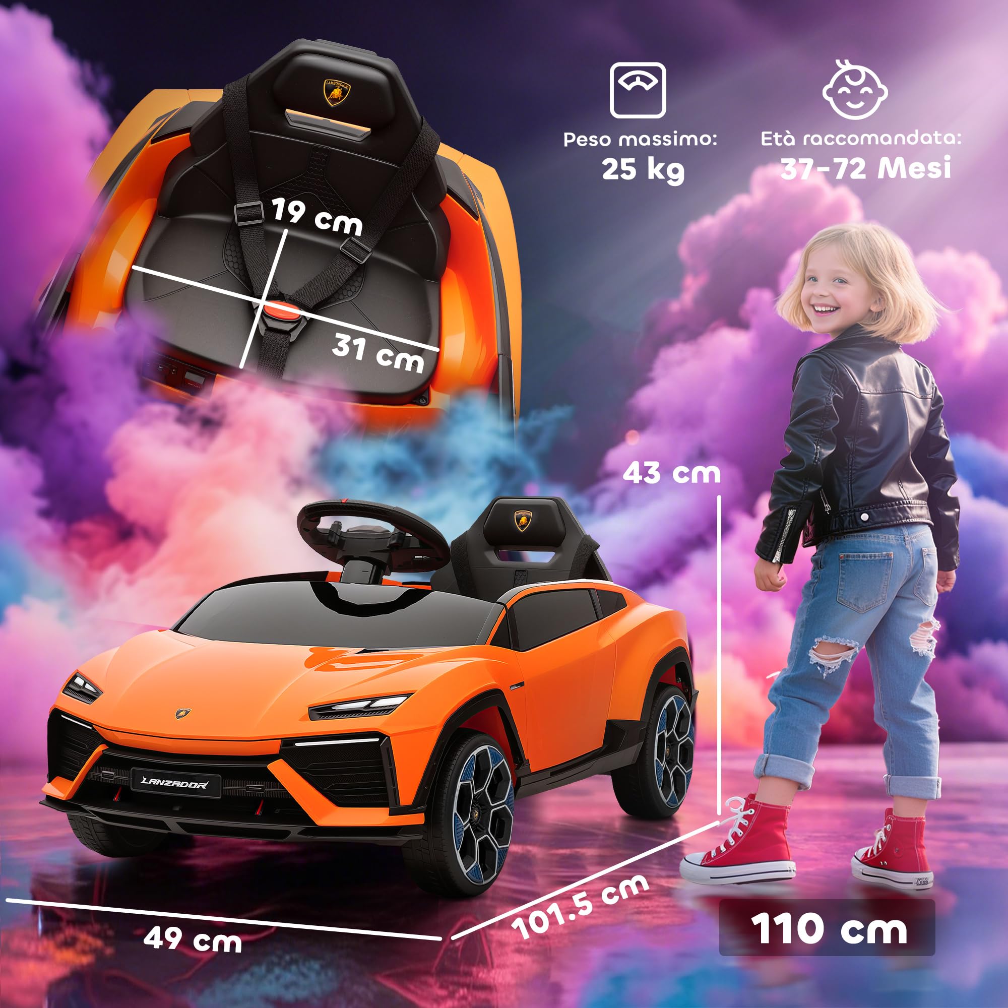 AIYAPLAY Macchina Elettrica per Bambini 3-8 Anni Lamborghini con Porte a Forbice, 12V Auto Elettrica per Bambini con 2 Motori, Sospensioni, Telecomando, MP3, Musica, Rotelle e Maniglia, Arancione