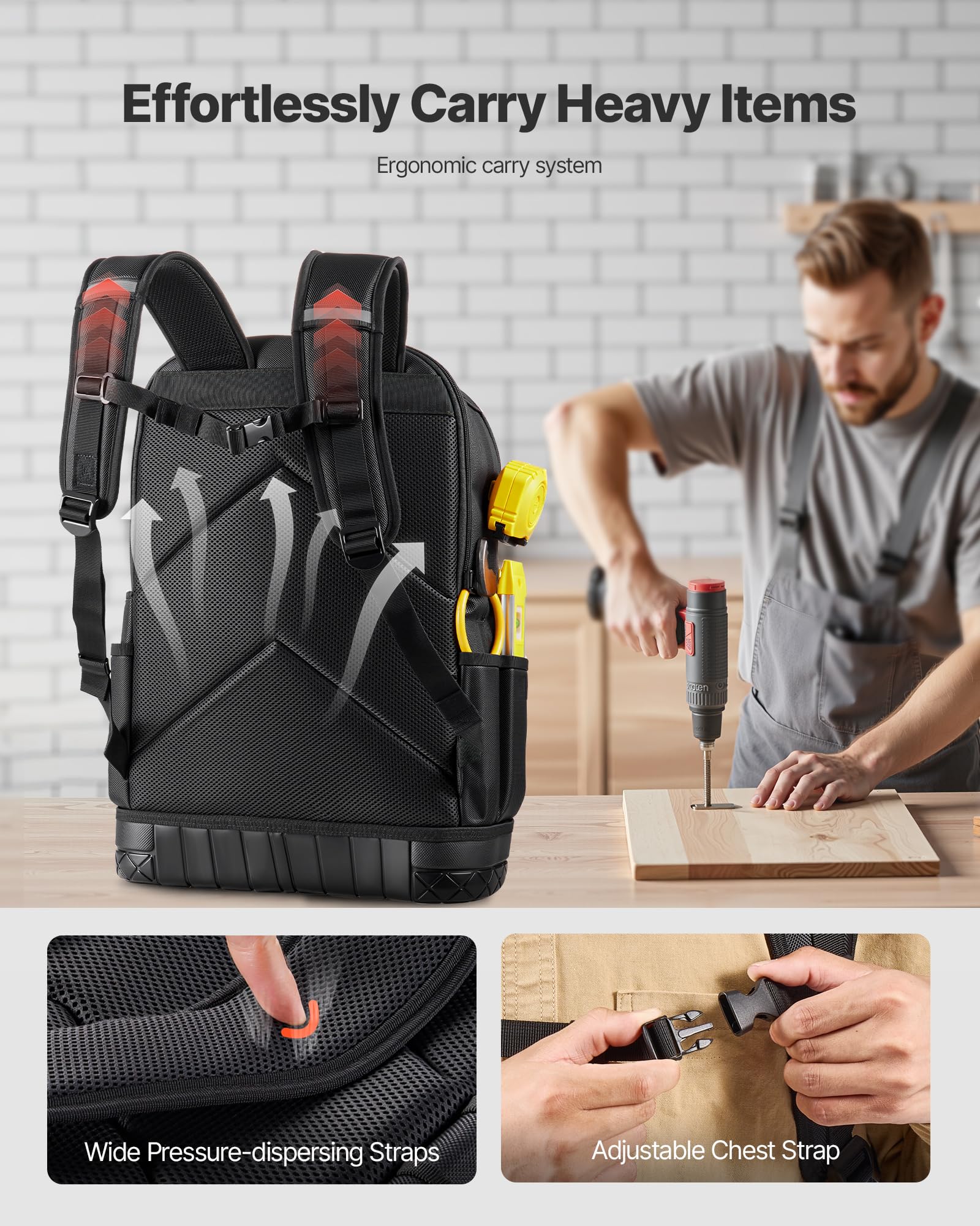 VEVOR Zaino Portautensili, 65 Tasche, per Attrezzi Pesanti, Zaino da Lavoro con Scomparto per Laptop e Base Sagomata, Borsa da Cantiere per Elettricisti, Riparatori e Tecnici HVAC Nero Arancione