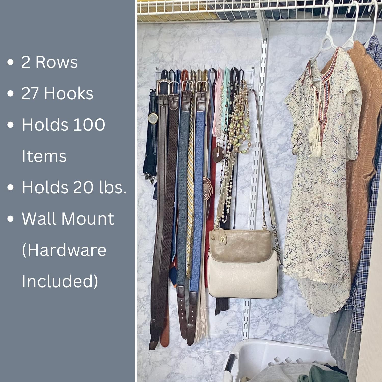 Evelots Closet Wall Mount Hanging Accessory Organizer Racks, Holds Belts, Ties, Scarves, Necklaces, Handbags, 27 Hooks, Holds 20 Lbs