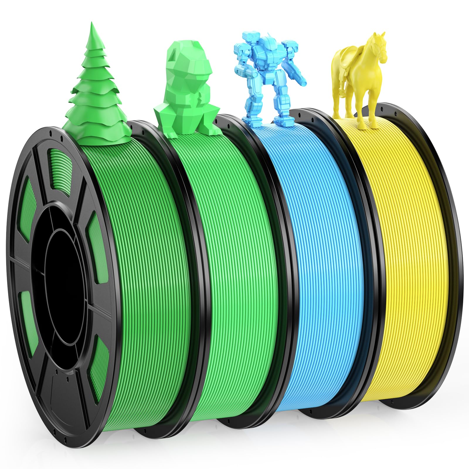 4 Color PLA Filament Pack for FDM 3D Printers, 3D Printing Material with Four Bright Colors Green/Light-Green/Yellow/Sky Blue, PLA Filaments for 3D Printer, 4 Spools, Total 1KG(2.2LBS)