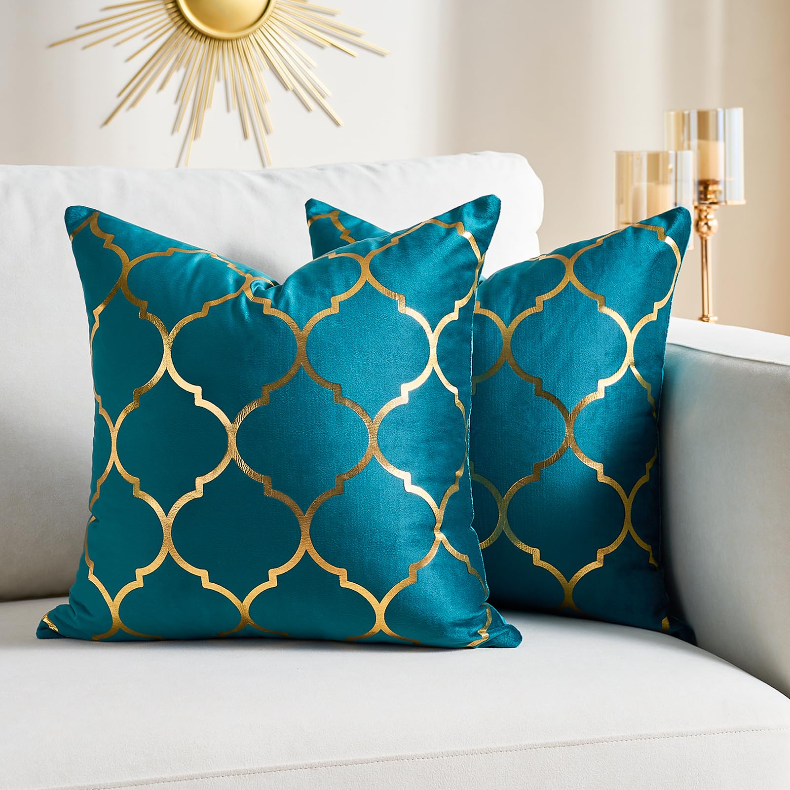 Wosendy Throw Pillow Cover Gold Velvet 12x12 Teal, Pack of 2