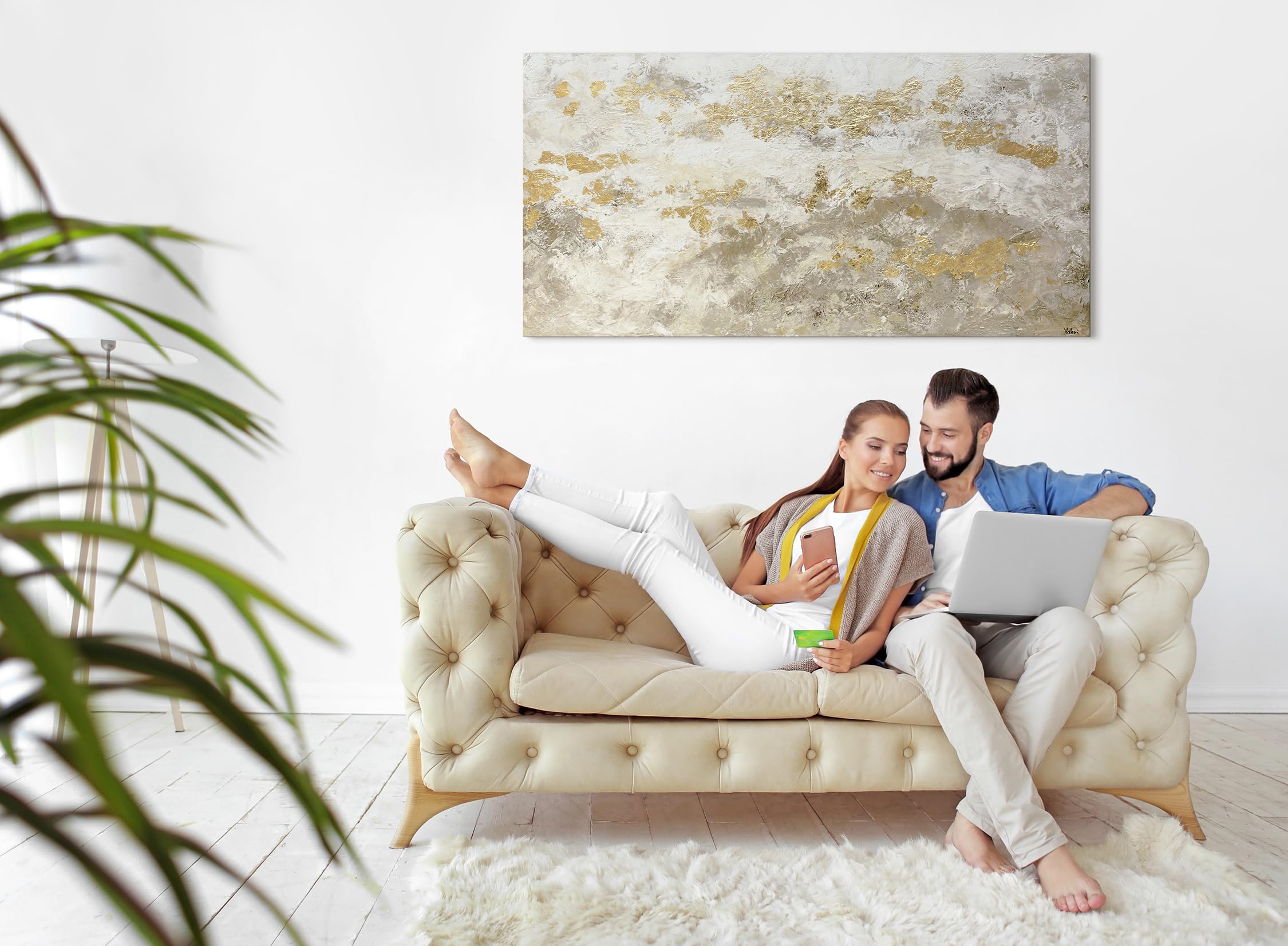 Abstrakt Acryl Gemälde auf Leinwand handgemalt mit Blattgold glänzendes Gold Wandbilder 200x100 cm