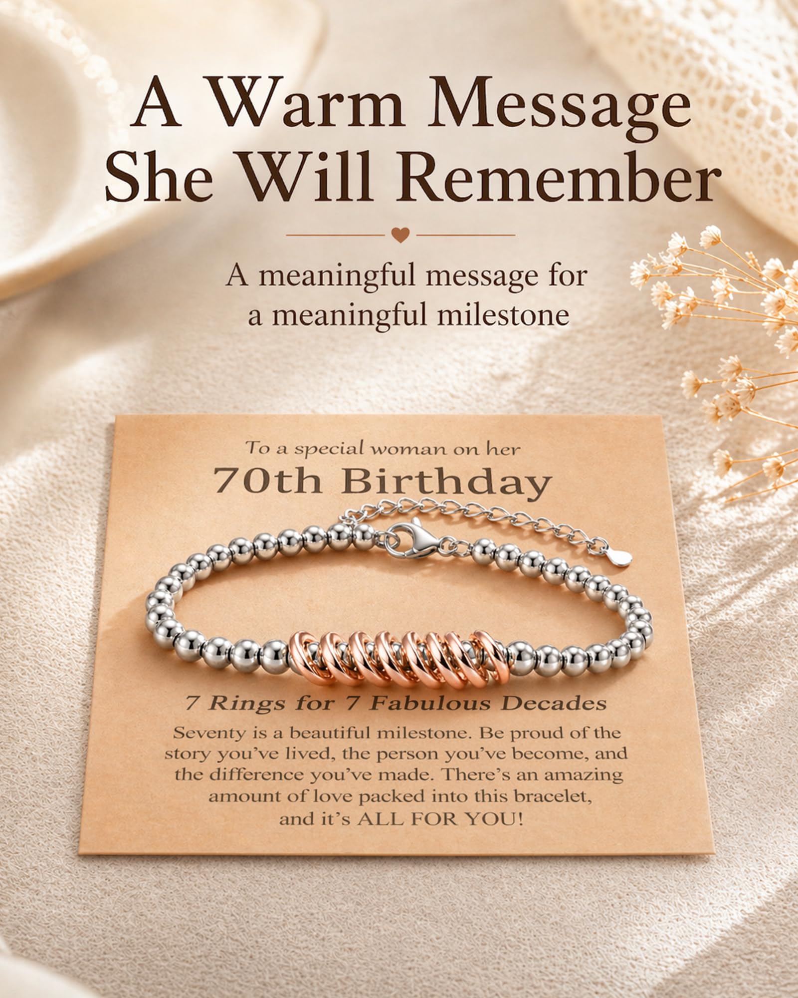 Classy 30th 40th 50th 60th 70th Birthday Gifts for Women Her, Inspirational Rose Gold Charm Bracelet Gifts for 30 50 60 Year Old Women Happy Birthday with Message Card