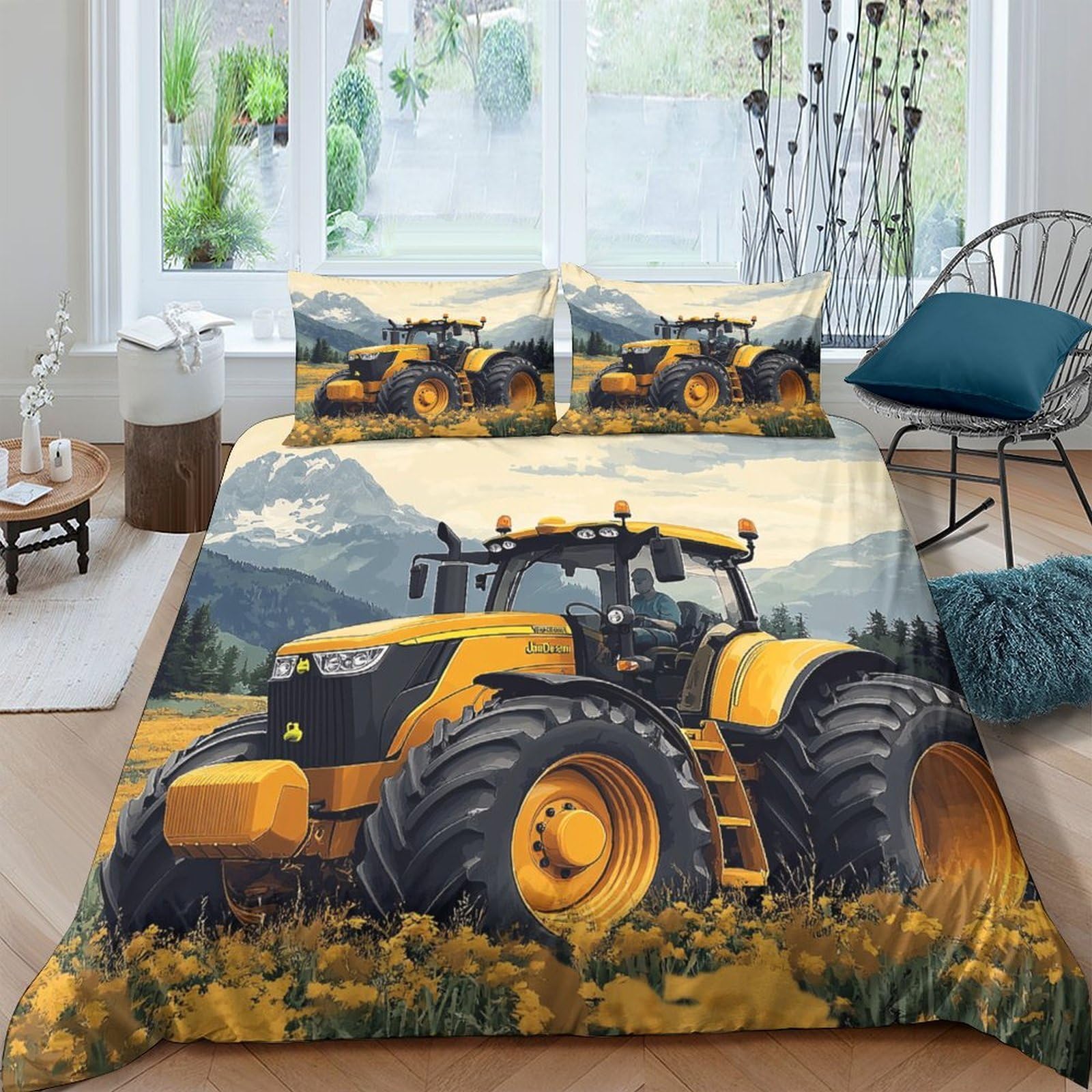 Ctjqhvkz Style-9 3D Printed Yellow Tractor Fitted Sheet Microfiber Soft Farm Landscape Bed Cover For Bedroom Decor Mattress Protection Single（135X200cm）