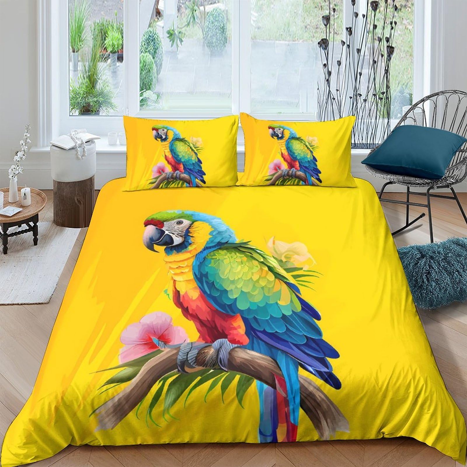 Ctjqhvkz Style-3 3D Printed Tropical Parrot Fitted Sheet Microfiber Yellow Artistic Bird Bed Cover For Bedroom Guest Room Decor Protection Single（135X200cm）
