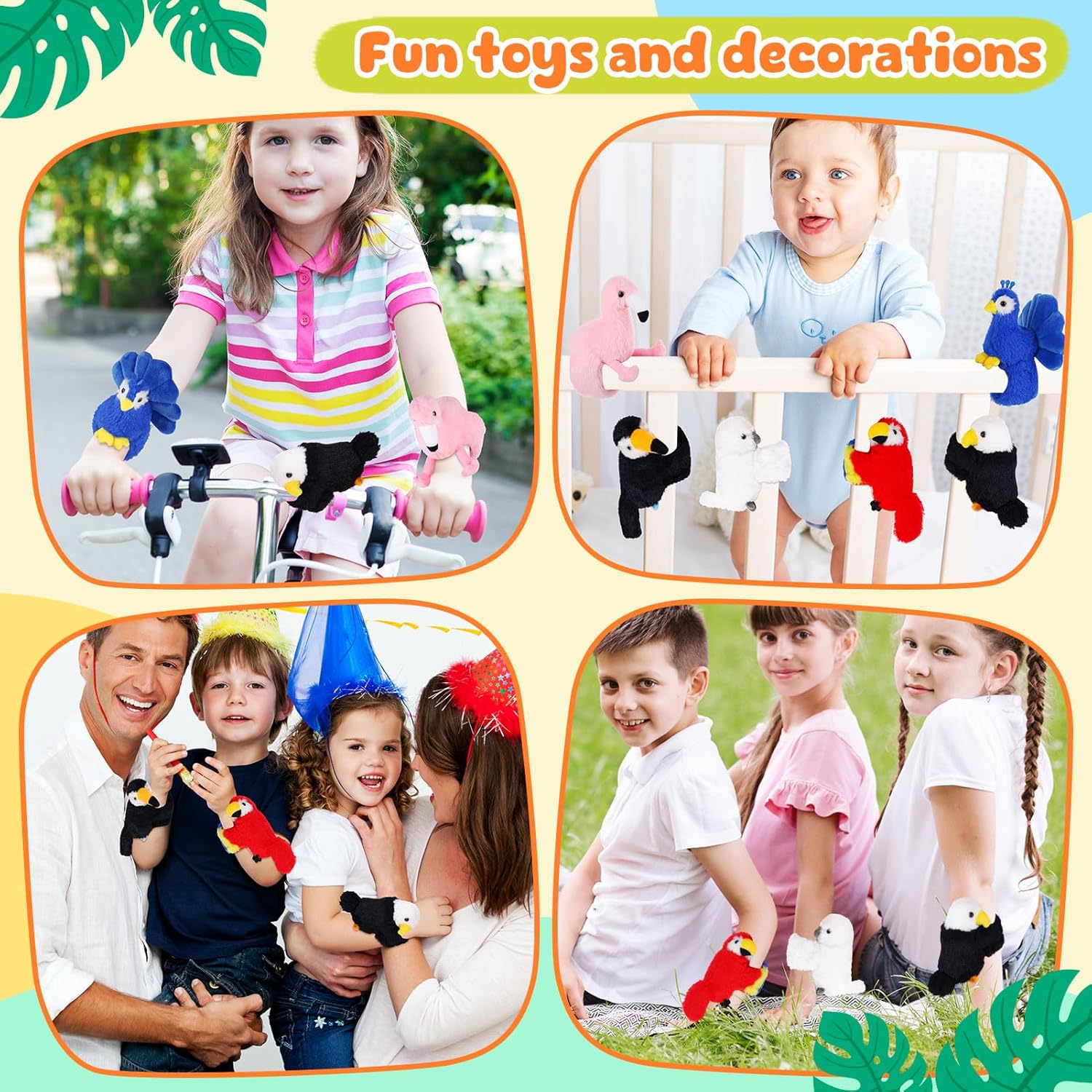 6 Pcs Bird Stuffed Animal Slap Bracelets Cute Parrot Eagle Flamingo Owl Plush Animal Wrist Snap Bracelets for Kids Birthday Boys Girls Gift