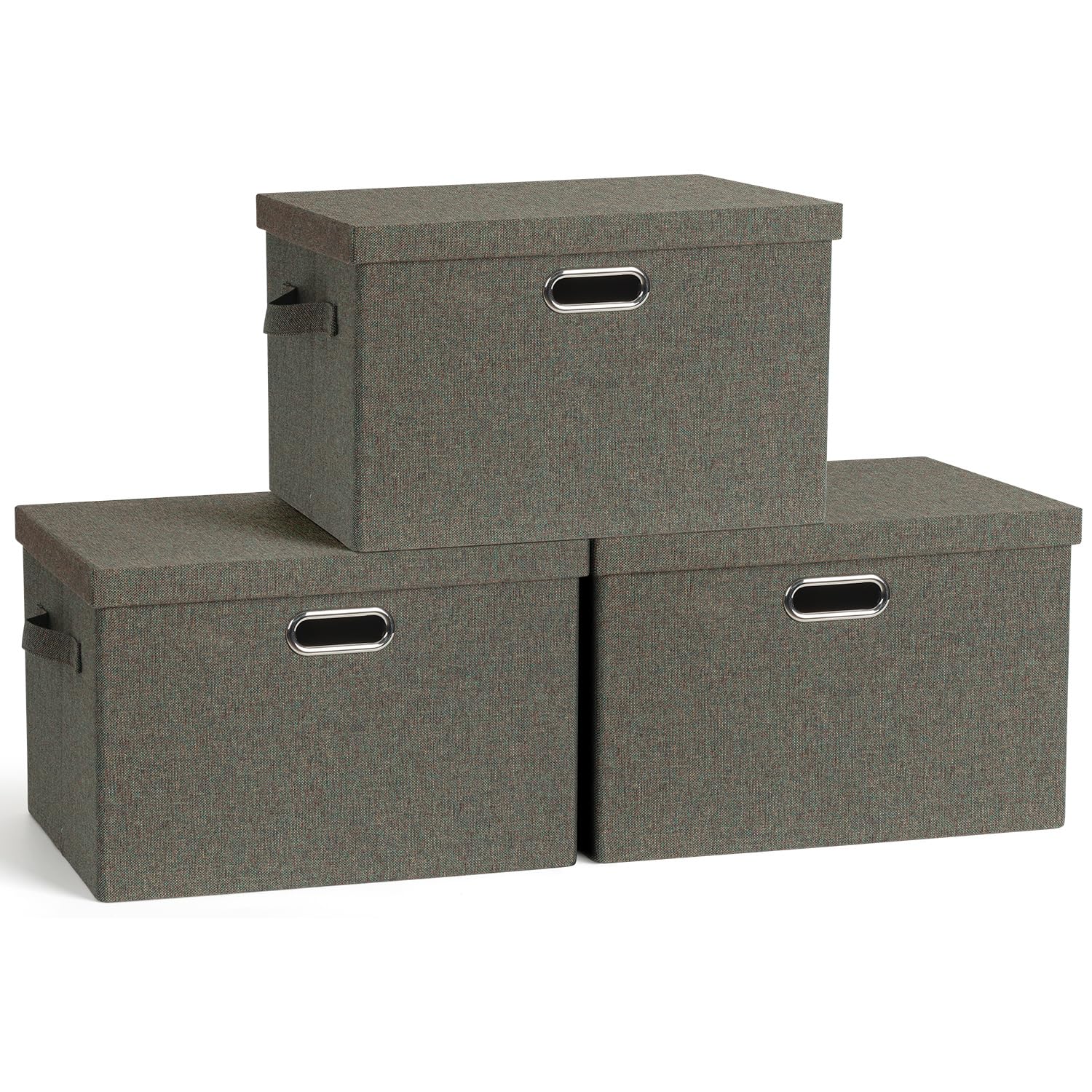 Large 17" 36 Quart Collapsible Stackable Storage Bins with Lids, 3 Packs Dark green Foldable Fabric Closet Storage Boxes with Lids, Heavy-duty Linen Cube Baskets(17x12x11)