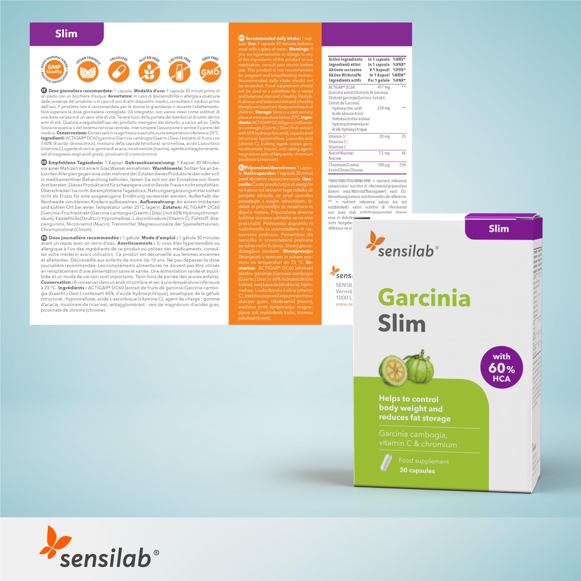 Sensilab Garcinia Slim - 417 mg Garcinia Cambogia (60% HCA) - Mit zusätzlichem Vitamin C, Niacin und Chrom - 90 Kapseln für 90 Tage
