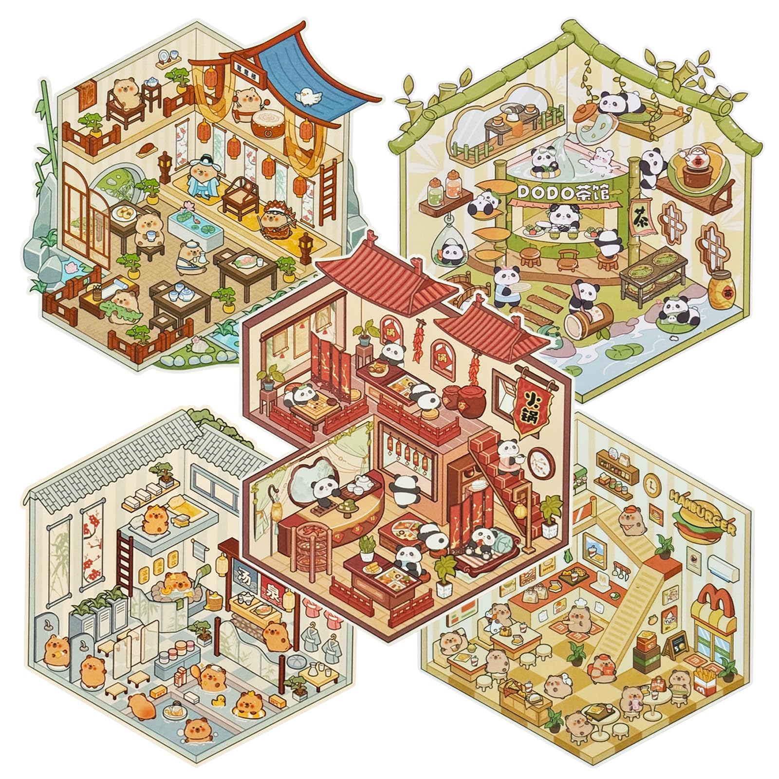 Autocollants 3D Maison Miniature pour Scrapbooking, 5 Sets Stickers Décoratifs DIY, Des Gommettes Autocollante qui Soulage le Stress et Améliore la Concentration, pour Enfants/Adultes (avec Pincette)