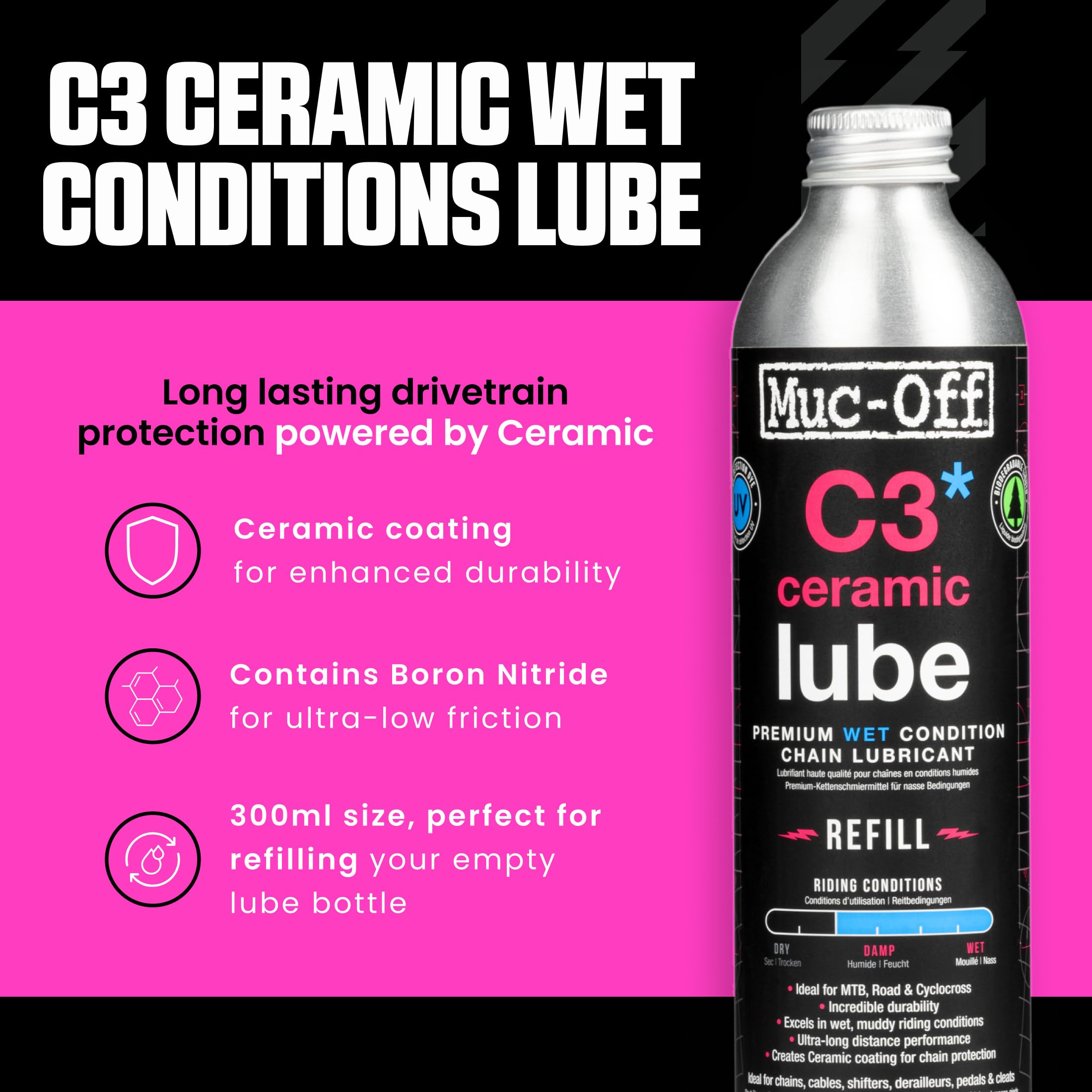 Muc-Off C3 Wet Chain Lube, 300ml – Ceramiczny Smar do Łańcucha Rowerowego, Olej do Łańcucha Rowerowego, Olej do Smarowania Łańcucha – Wosk i Olej do Łańcucha do Mokrych Warunków Pogodowych