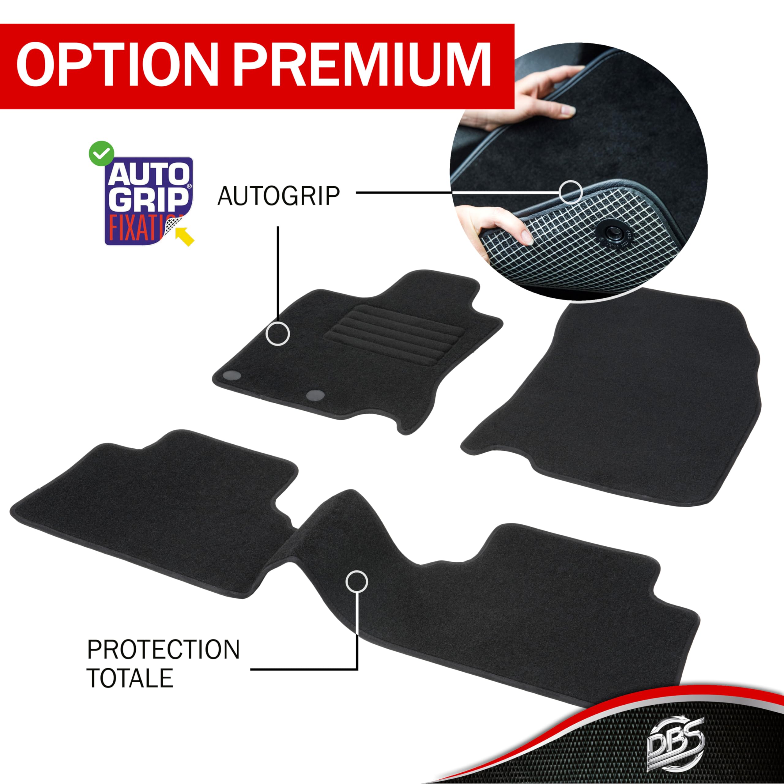 DBS - Tapis de Sol Voiture - sur Mesure - Adapté à Votre Peugeot 307/307 SW (04/2001-04/2008) Antidérapant : Clips de Fixation et Autogrip - 3 pièces : Protection du Pont arrière - Moquette