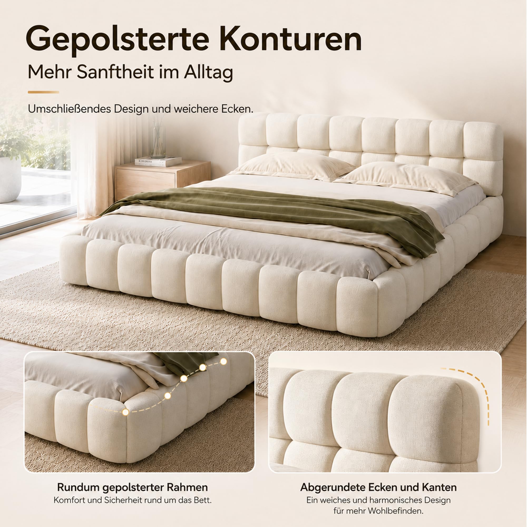DULRLLY Bubble Bett 140x200, Bett 140x200 mit Lattenrost, Jugendbett mit Gepolstertes Kopfteil, Bettgestell für Schlafzimmer und Gästezimmer, ohne Matratze, Leinenstoff (Beige)