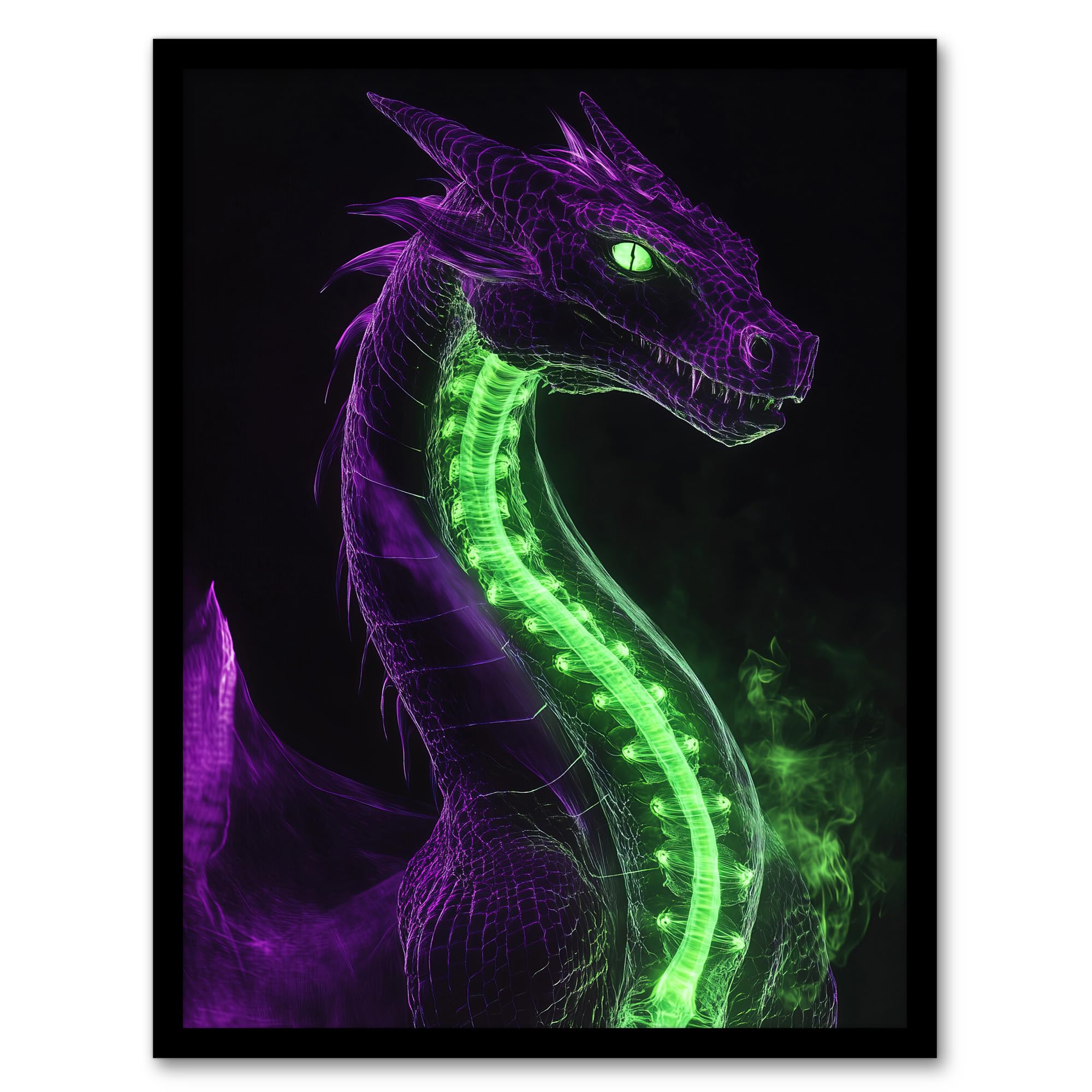 Artery8 Fantasy Dragon Neon Purple Green Xray Effect Living Room Artwork Framed Wall Art Print 18X24 Inch