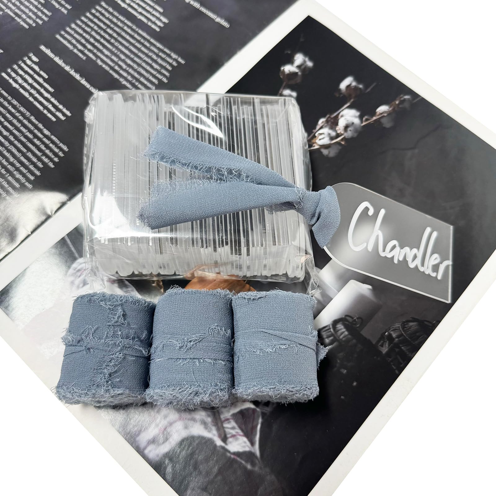 TETOU 50Pcs Acrylic Place Card for Wedding Frosting Acrylic DIY Table Seating Cards Wedding Supplies with Blue Ribbon