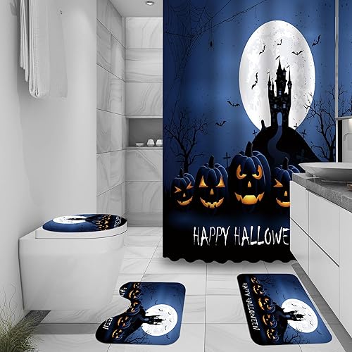 Miniatura 7 de Juego de 4 cortinas de ducha de Halloween, cortinas de ducha, alfombras de baño antideslizantes, funda de inodoro, tapete de baño, decoración de