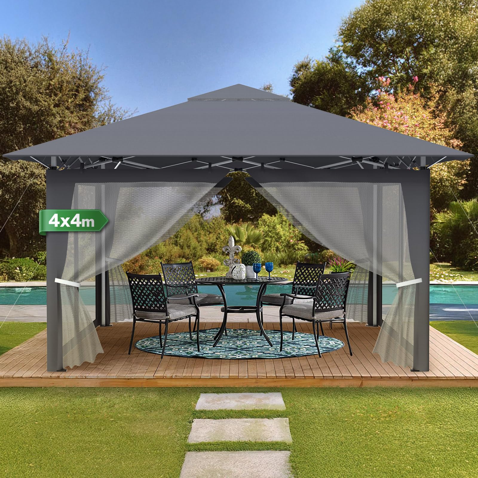 Tonnelle pliante 4 x 4 cm réglable en hauteur - Tonnelle pop-up avec 4 parties latérales anti-moustiques - Sac de transport - Piquets en métal et tissu Oxford 210D - Tente pour fête de jardin