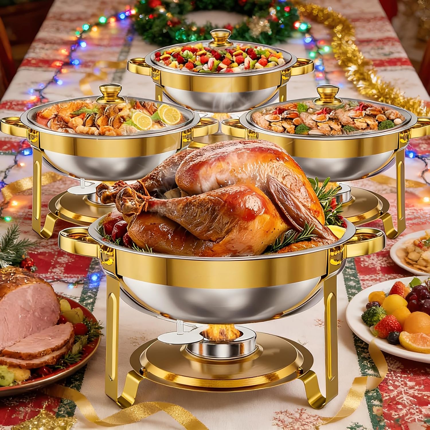 Chafing Dish 4 Pack for Buffet Set: 5.3QT Stainless Steel Chafing Dish, Round Gold Chafers and Buffet Warmer Sets with Lids Food Warmers for Parties Buffet