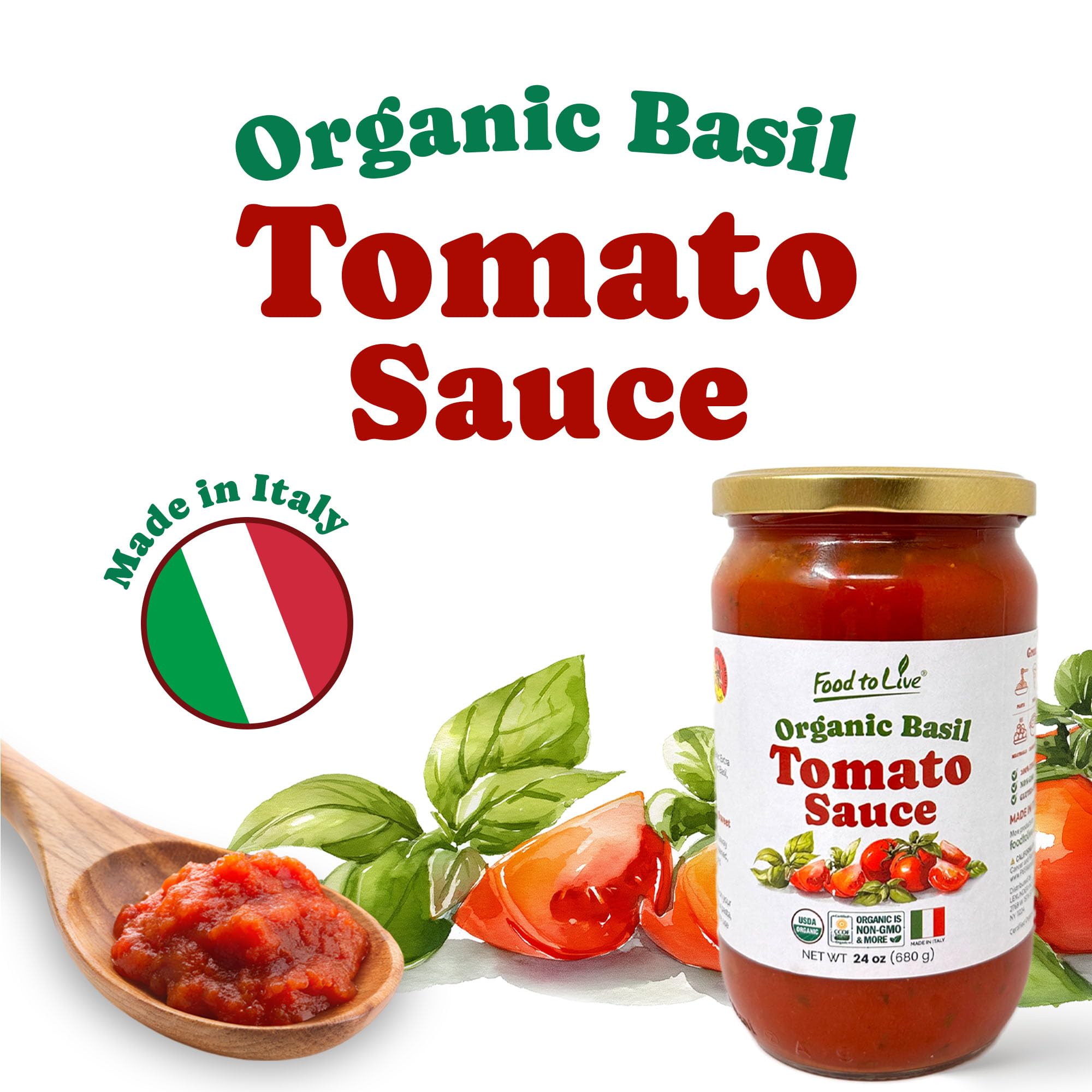 Food To Live Organic Basil Tomato Sauce, 24oz (680g) – Authentic Italian Pasta Sauce, No Added Sugar, Non-GMO, Vegan (Pack of 2)