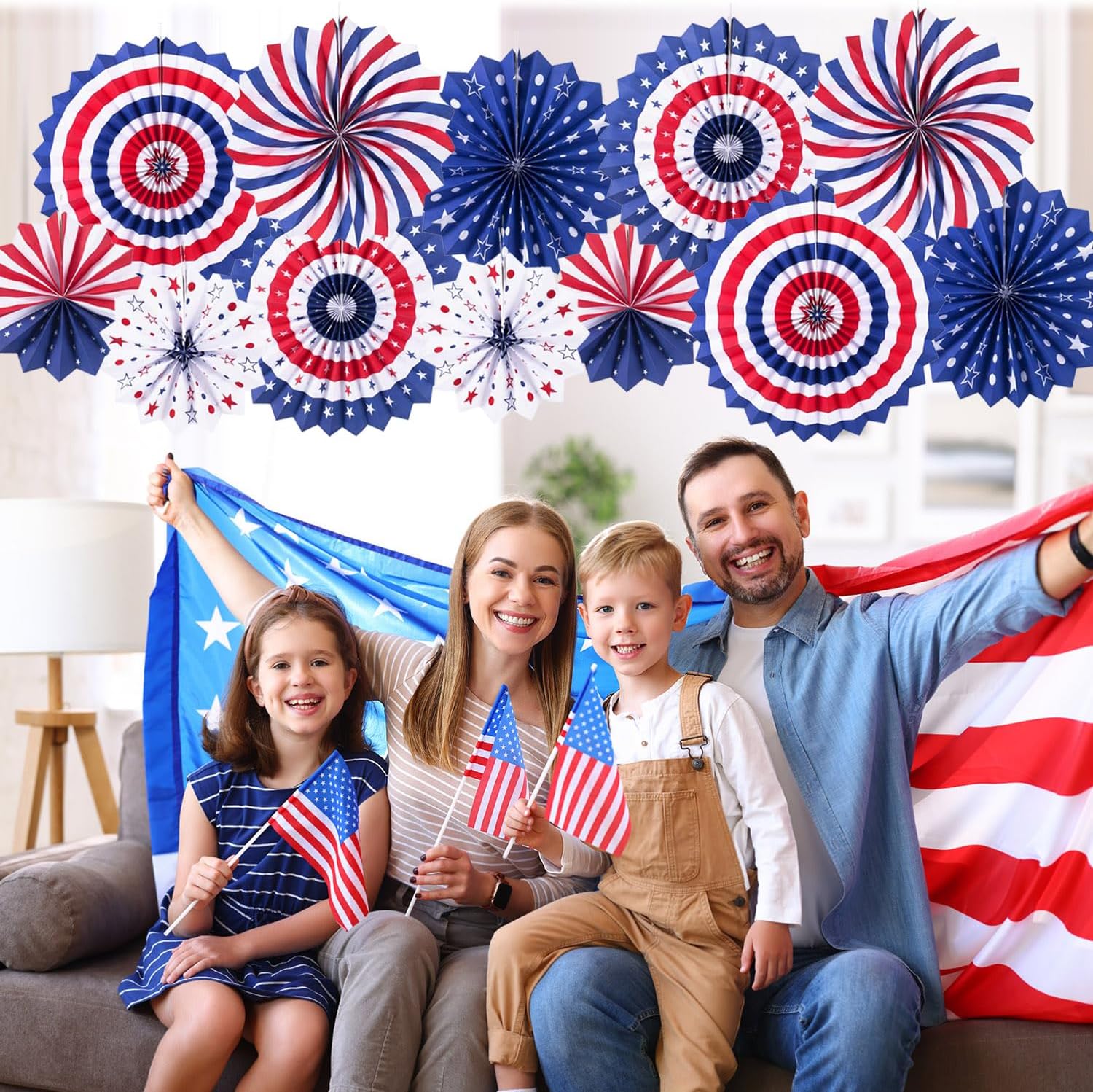 4th of July Patriotic Decorations Hanging Paper Fans Red White Blue American Theme National Day Independence Day Memorial Day Veterans Day Party Decor Supplies, 12pcs