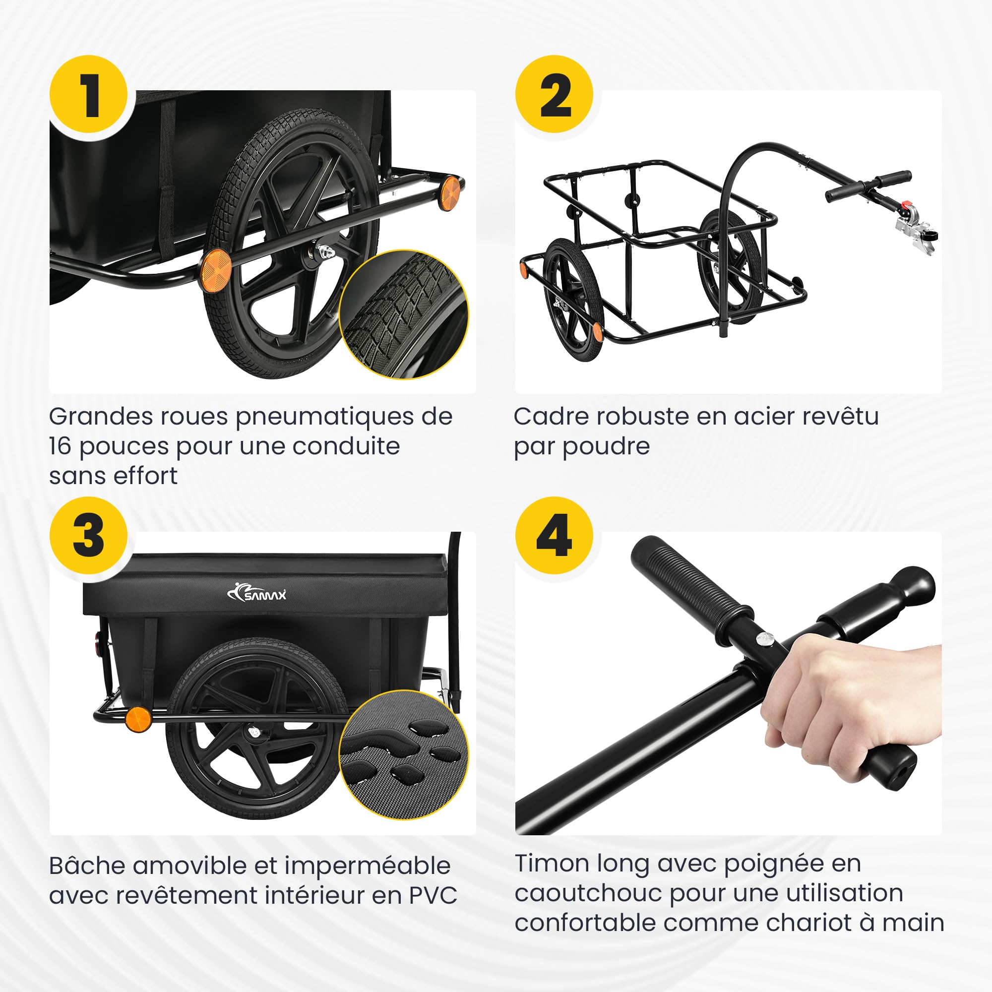 SAMAX Remorque de Vélo Chariot de Transport Haute Traction avec Poignée et Bâche