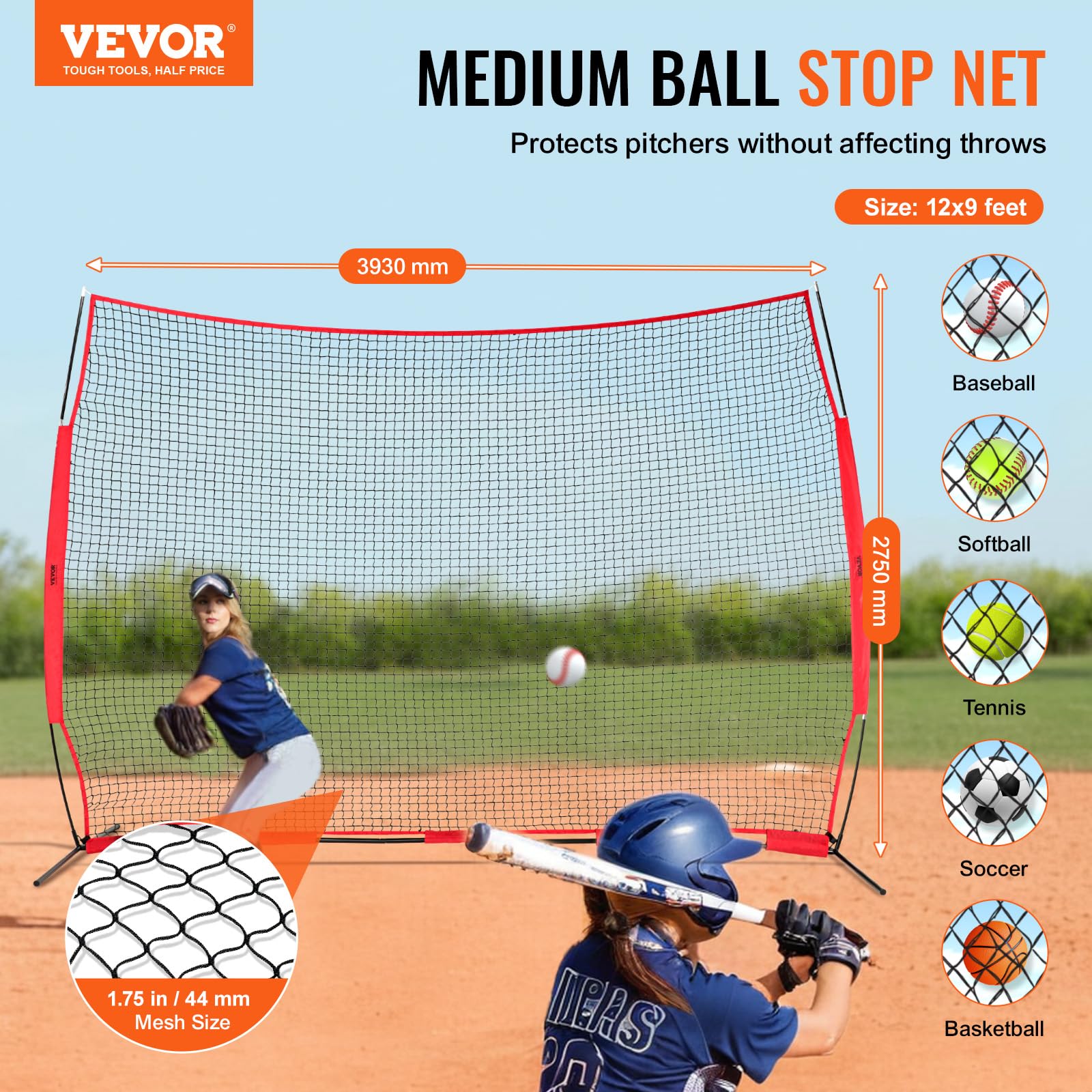 VEVOR Barricade Backstop Rete, Barriera sportiva per palloni, attrezzatura portatile per pratica con borsa per il trasporto, schermo di protezione per baseball, softball, lacrosse, calcio, hockey,