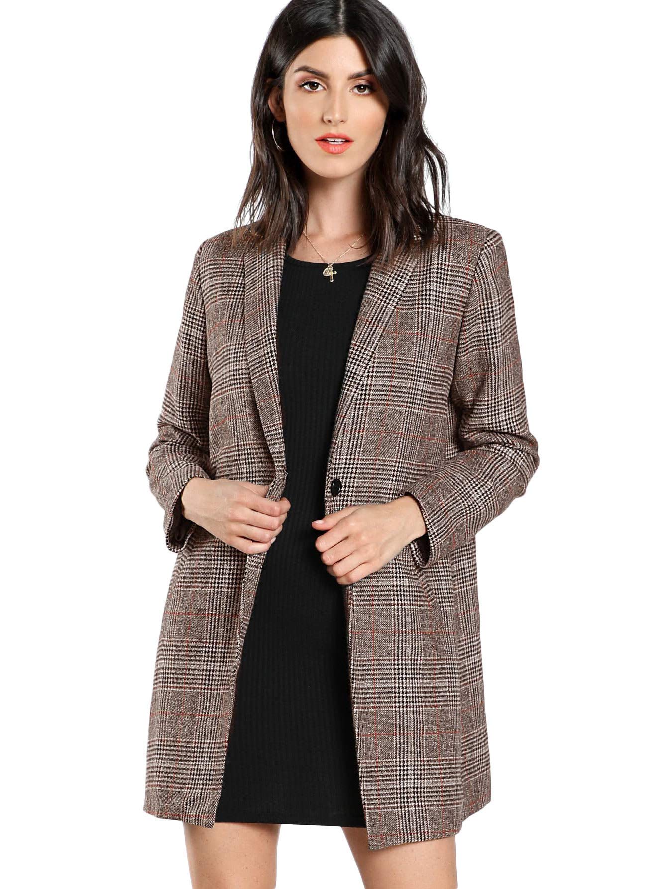 SheIn Women's Lapel Collar Coat Long Sleeve Plaid Blazer Outerwear Coffee X-Small
