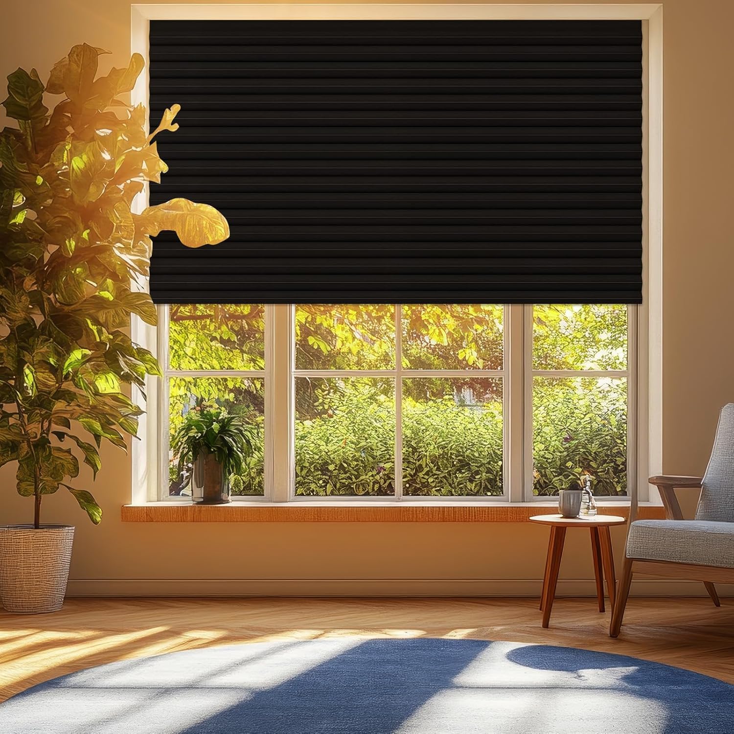 Threehoney 2 Pcs Black Temporary Blinds Cordless No Drill Cut to Size Non-Woven Fabric Adhesive Privacy Blind for French Door Sliding Door Window Light Filtering Pleated Shade (48 x 110 Inches)