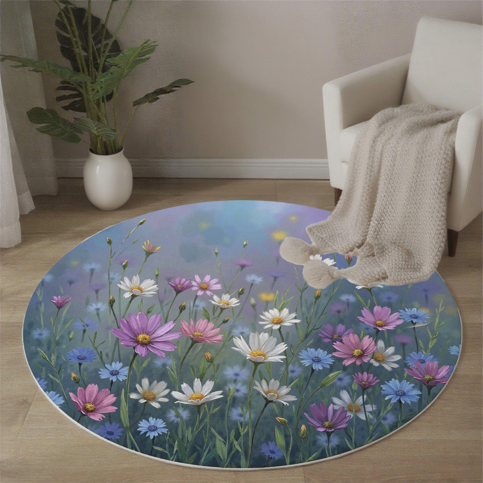 Tapis rond prairie fleurs sauvages pour chambre enfant et salon
