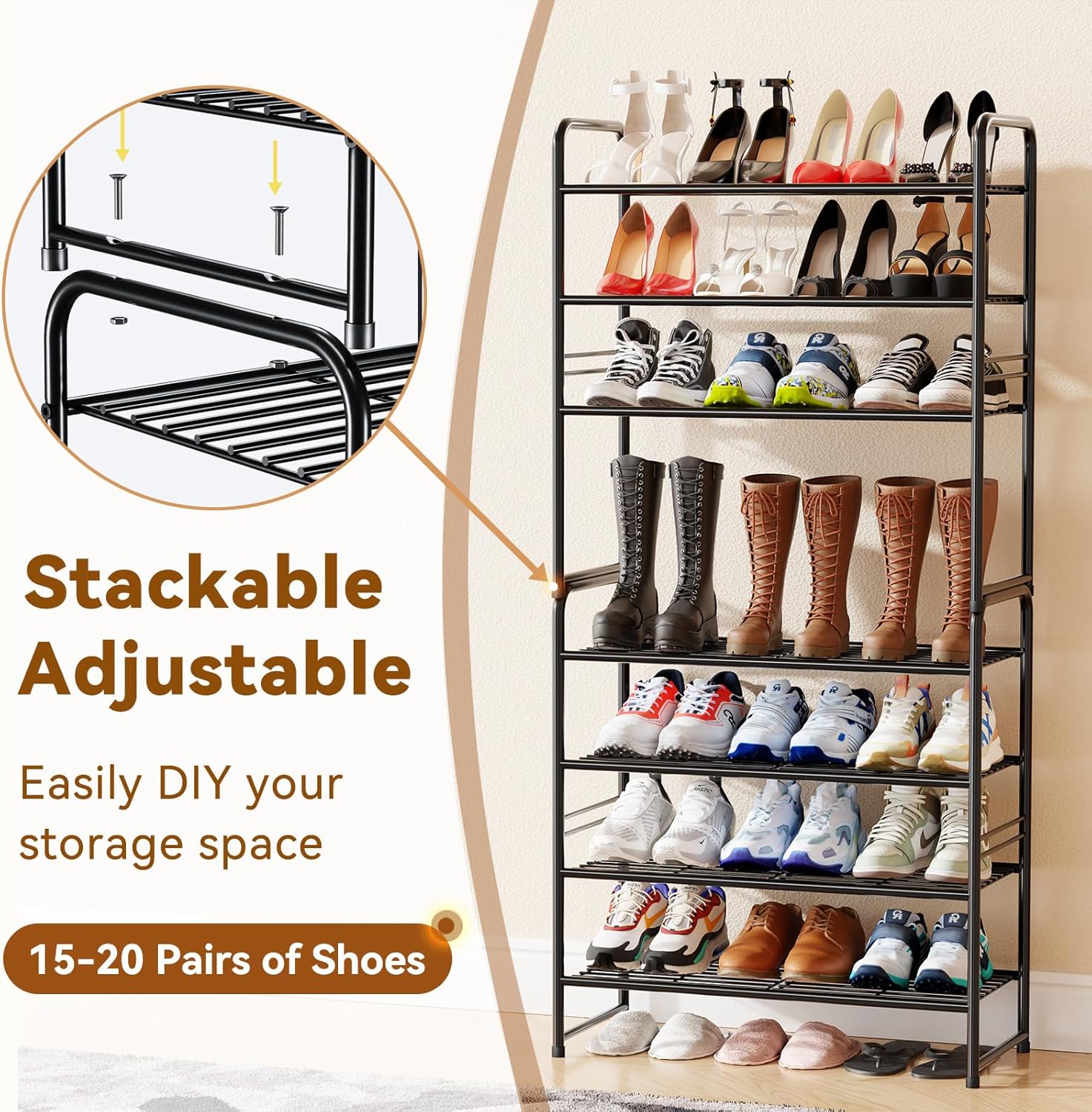 4 Tier Shoe Rack, 27 Inch Wide Stackable Metal Shoe Organizer Shelf for Closet Heavy Duty, Adjustable, Black