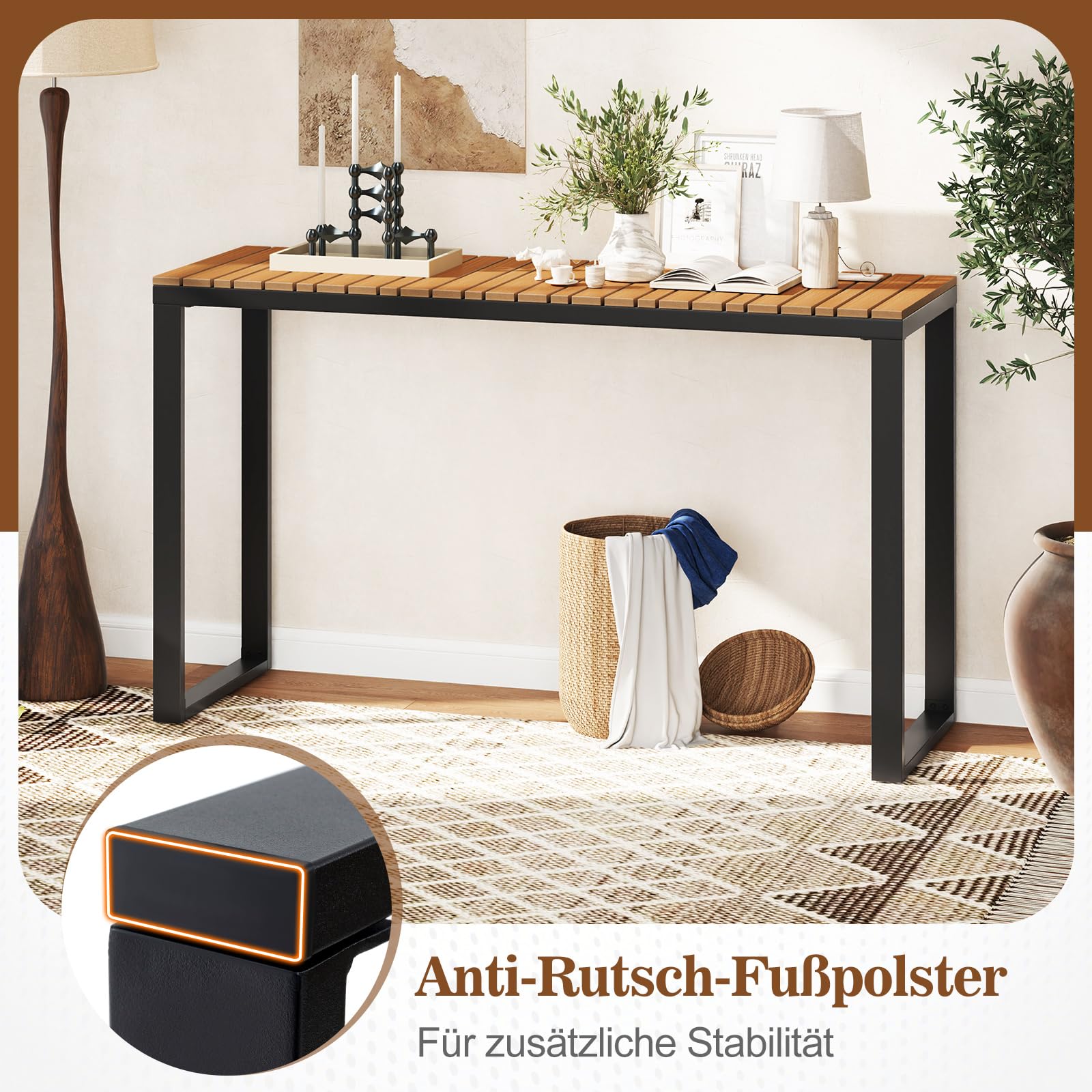 COSTWAY Gartentisch wetterfest, 129x42cm, Terrassentisch mit WPC-Tischplatte und Metallrahmen, rechteckiger Balkontisch, Outdoor-Esstisch für Balkon, Terrasse, Garten