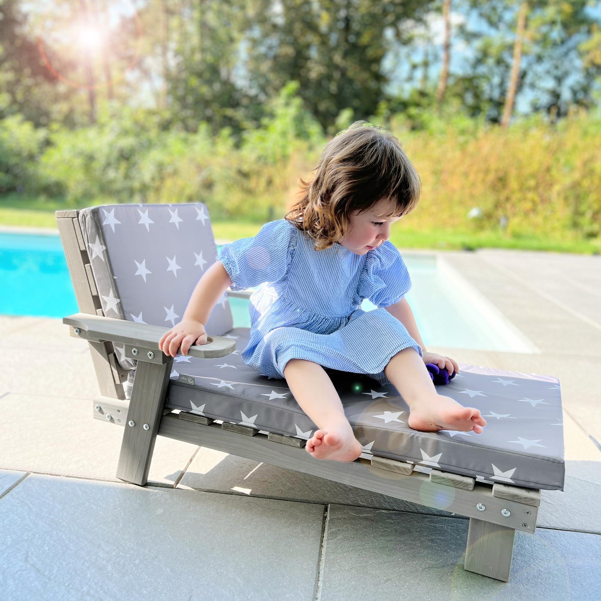 roba Sdraio per Bambini con Cuscini Little Stars - per Esterno, Giardino, Terrazza, all'Aria Aperta - Resistente alle Intemperie - con Portabicchieri - Certificato FSC - Legno Laccato Grigio