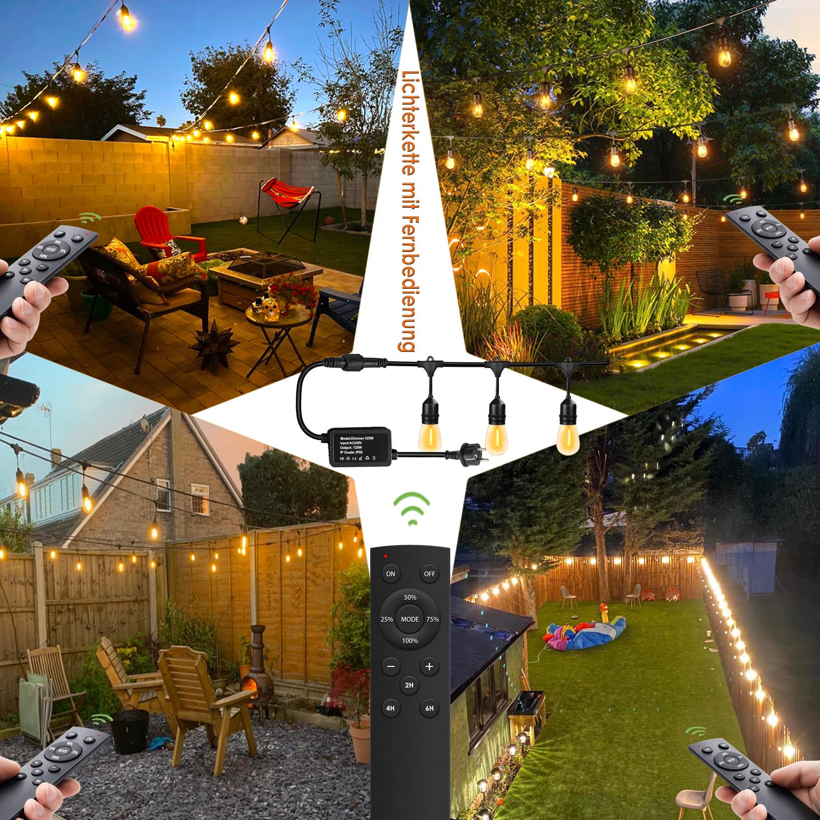 30M LED Lichterkette Außen E27 IP65 mit Funkfernbedienung & Dimmfunktion | S14 Stromlichterkette mit 32 birnen, 2700K Warmweiß, Dimmung & Timer & 3 Lichtmodi, Ideal für Terrasse, Garten und Hochzeiten