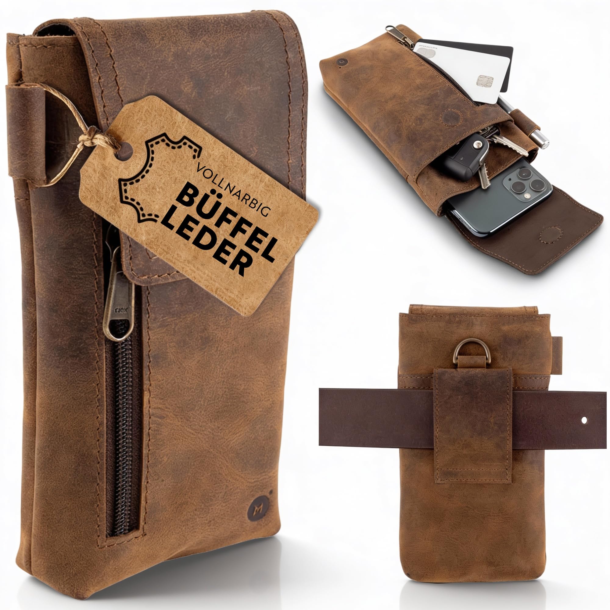 Moonster Handy Gürteltasche Herren Leder – aus Echtem Büffelleder – 19cm x 8cm Handy Leder Herren für Große Smartphones – Sichere & Langlebige Tabaktasch