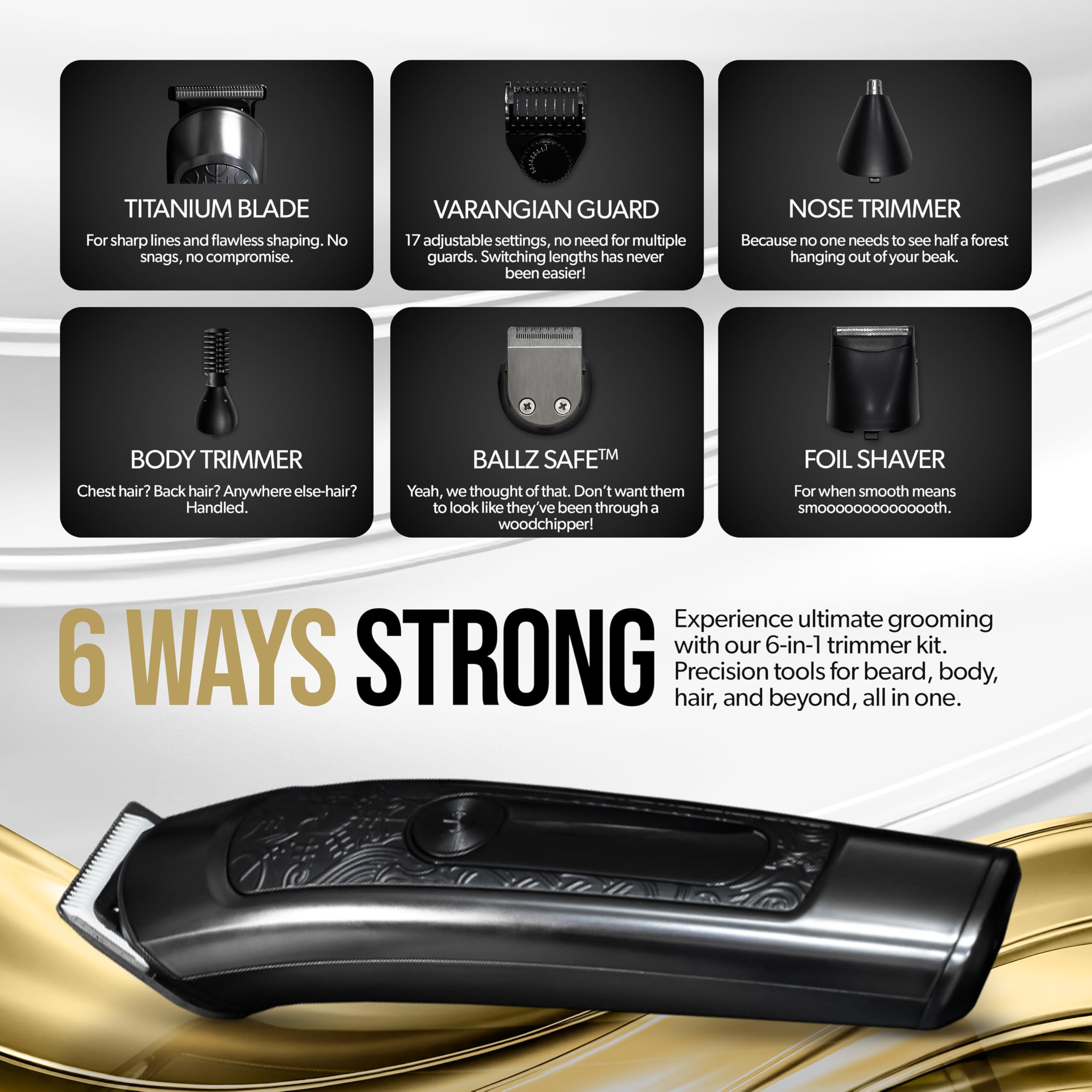 The Beard Struggle Varangian Bartschneider® 6-in-1 für Haare, Bart, Körper & darüber hinaus, Titan-Klinge, 17-fach verstellbare Klinge mit digitaler LED-Anzeige, kabellos, wasserdicht,