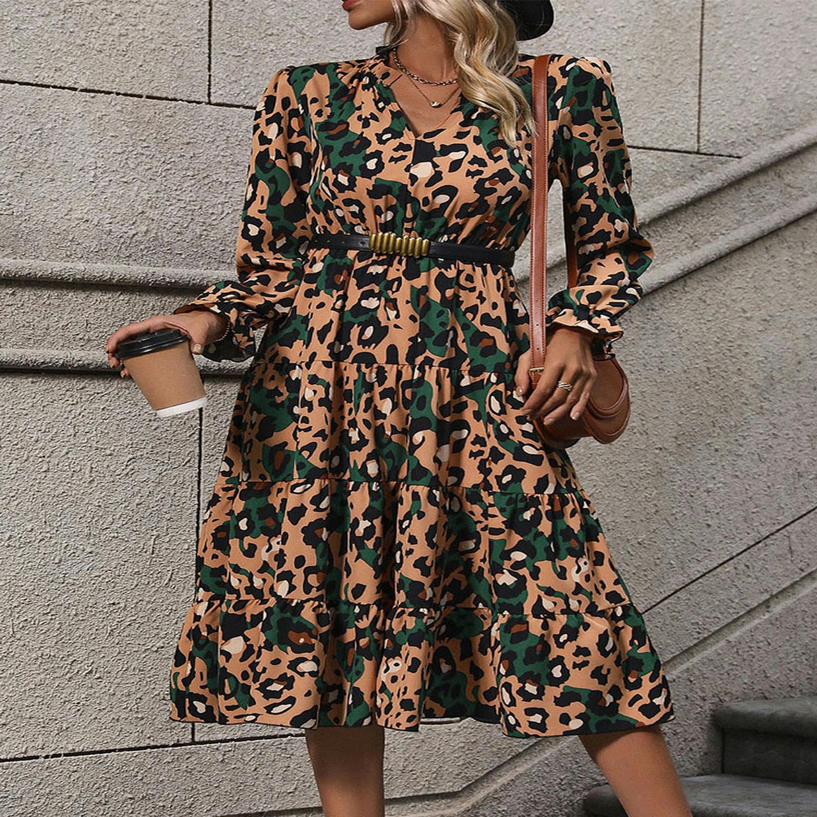 Vestido largo para mujer, cuello en V, estampado de leopardo, ribete con volantes, mangas largas campesinas, vestido casual acampanado, YYEFNMAZ