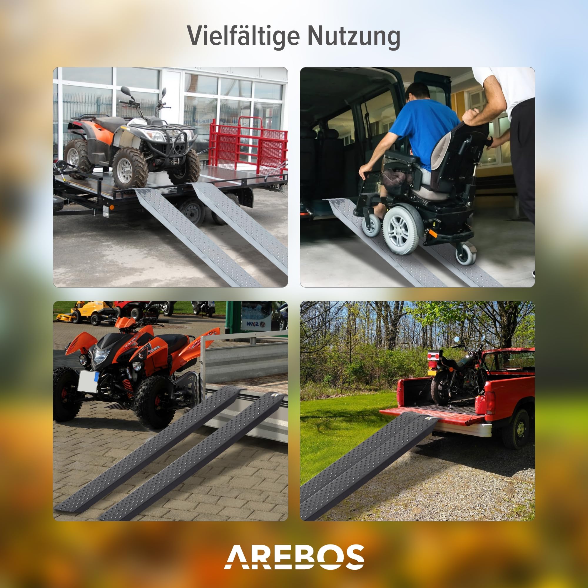 Arebos 2X Auffahrrampe | Motorrad Verladerampe | Verladeschiene verzinkter Stahl | 200kg pro Stück, 400kg pro Paar | Auffahrschienen Motorrad ATV Quad PKW Auto Laderampe | Anhängerrampe | Silber