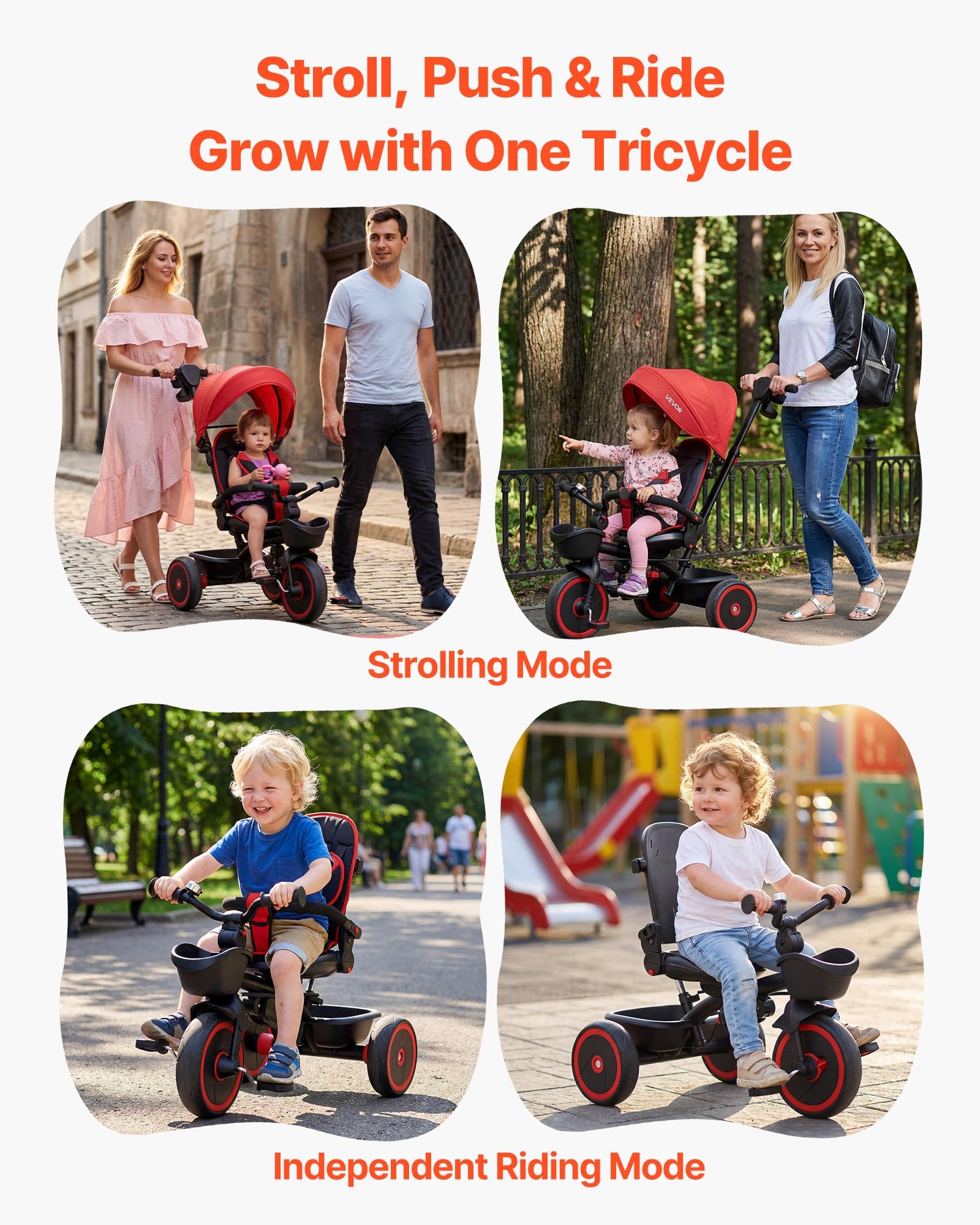VEVOR Triciclos para Niños de 1 a 5 Años, Triciclo Infantil con Manillar de Empuje para Padres, Capota, Asiento Ajustable, Espacio de Almacenamiento, Cuadro de Acero al Carbono, Rosa y Negro
